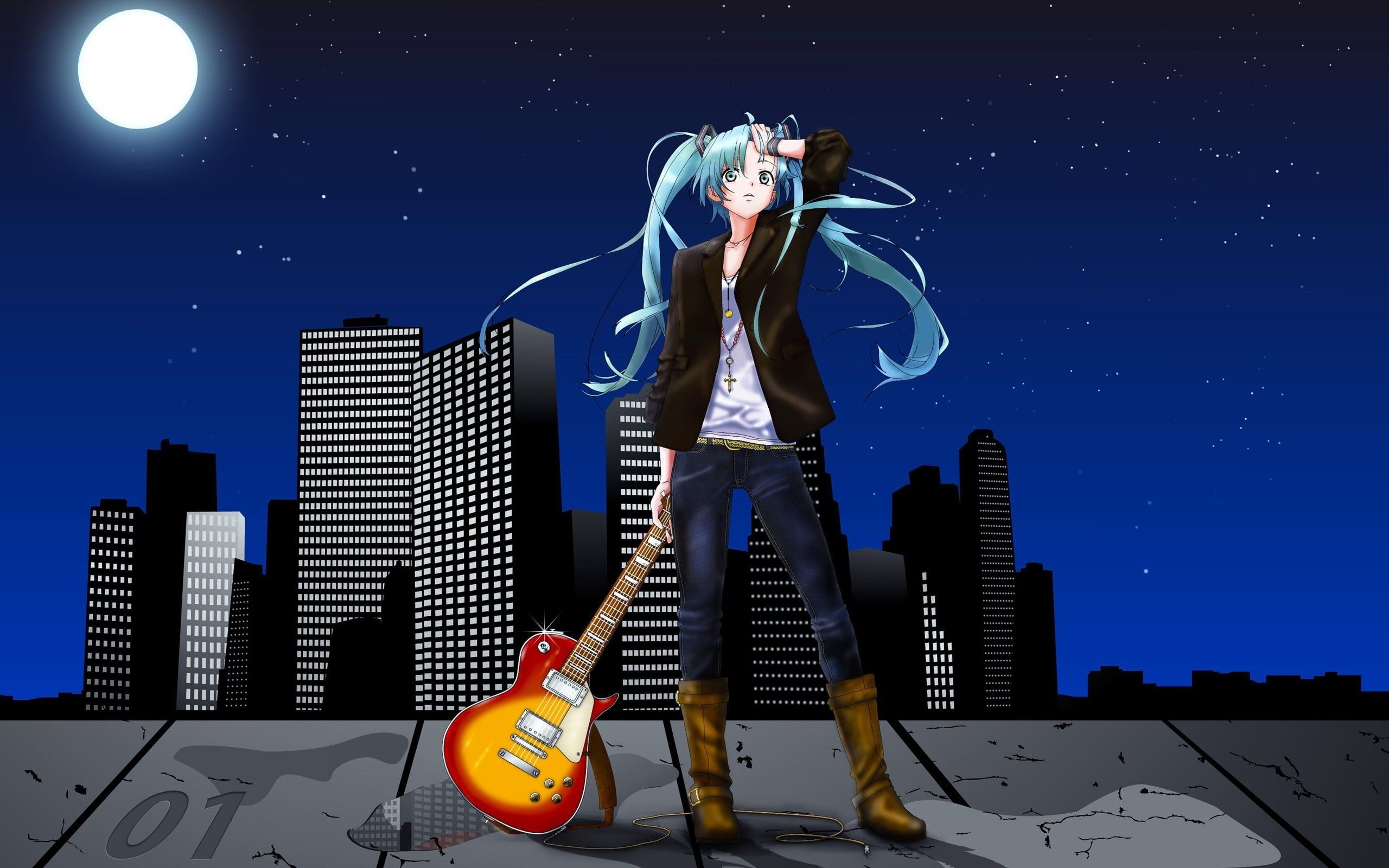 Hatsune Miku holding red and yellow electric guitar overlooking