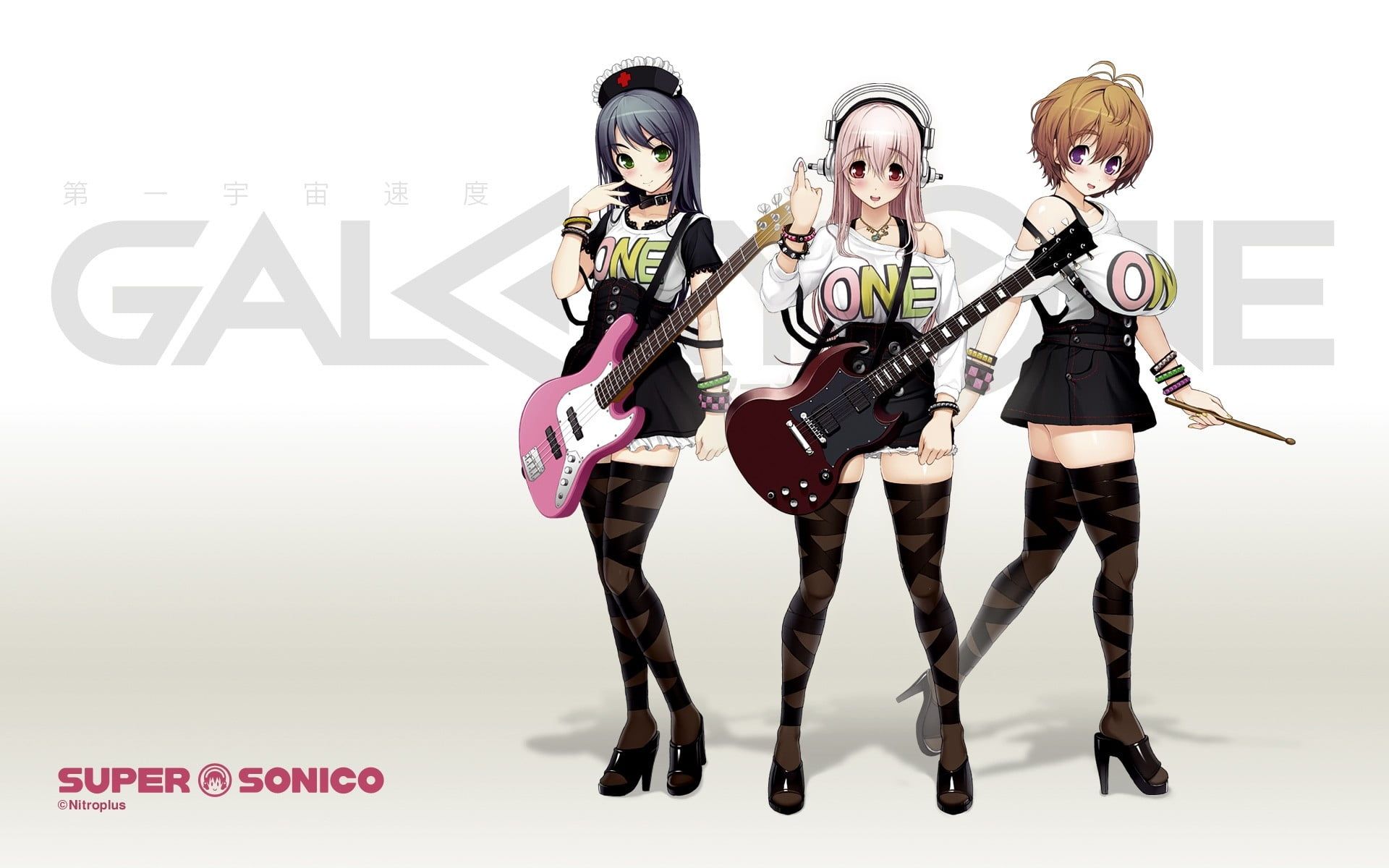 Three woman anime characters carrying electric guitars and drums