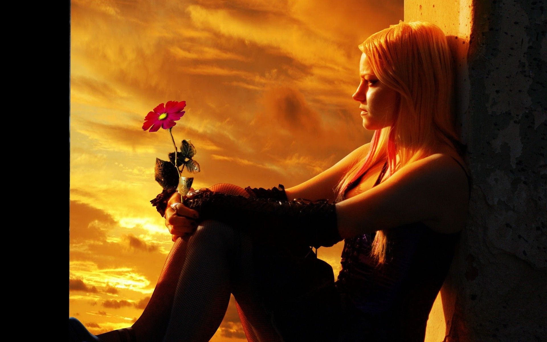 Gothic cg digital manip art mood flower women sky sunset waiting