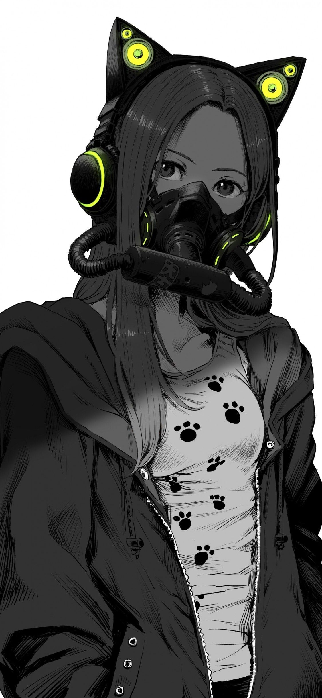 Download 1125x2436 Anime Girl, Mask, Jacket, Black And White