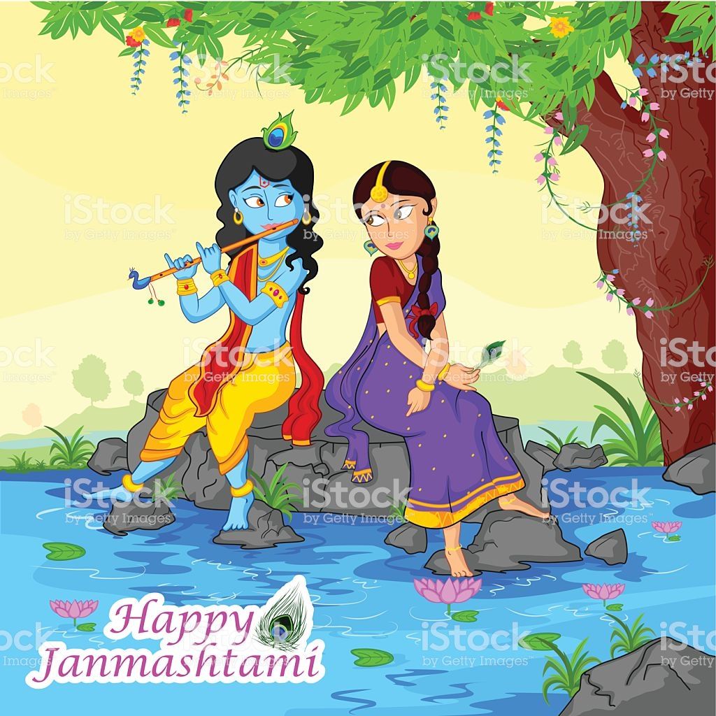 Krishna Playing Flute With Radha On Janmashtami Background Stock