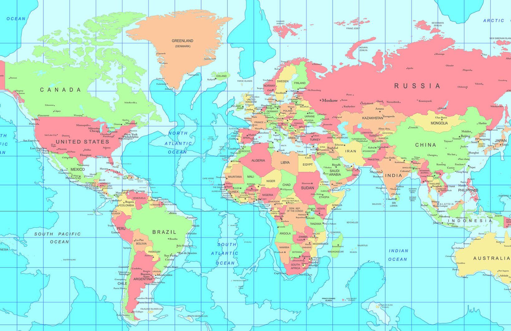 political map of world with countries and capitals