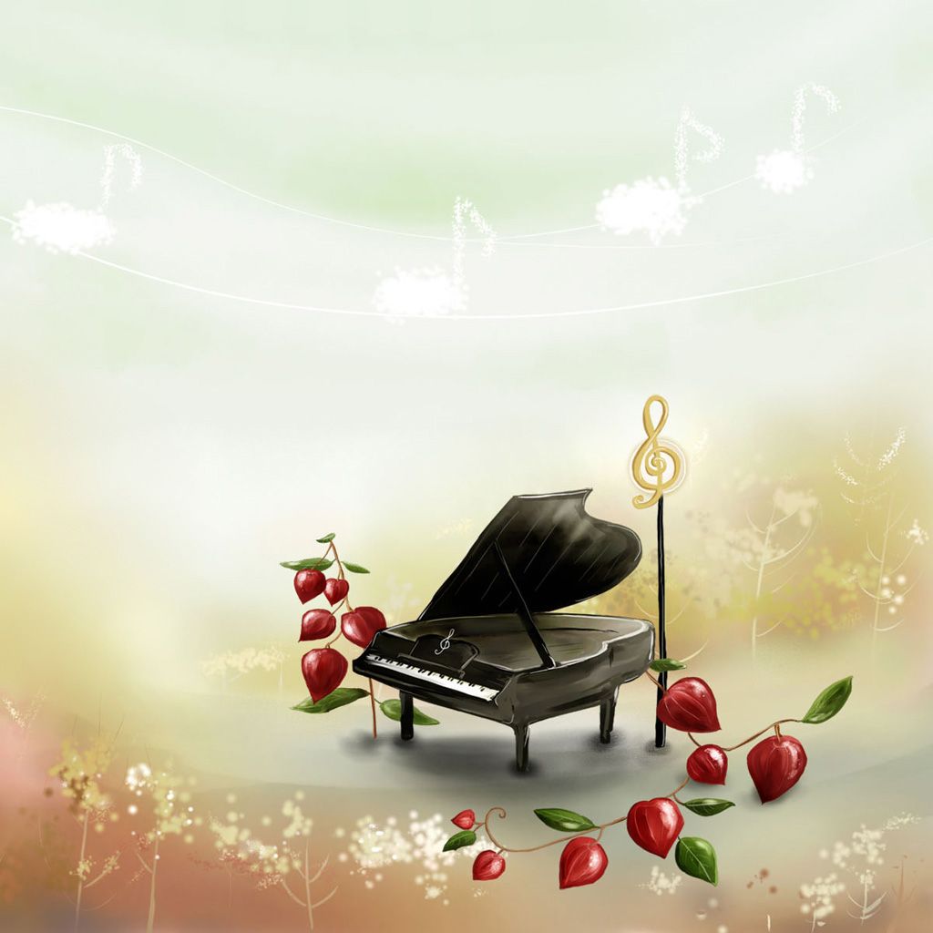 Aesthetic Cartoon Piano Scene iPad Wallpaper Free Download