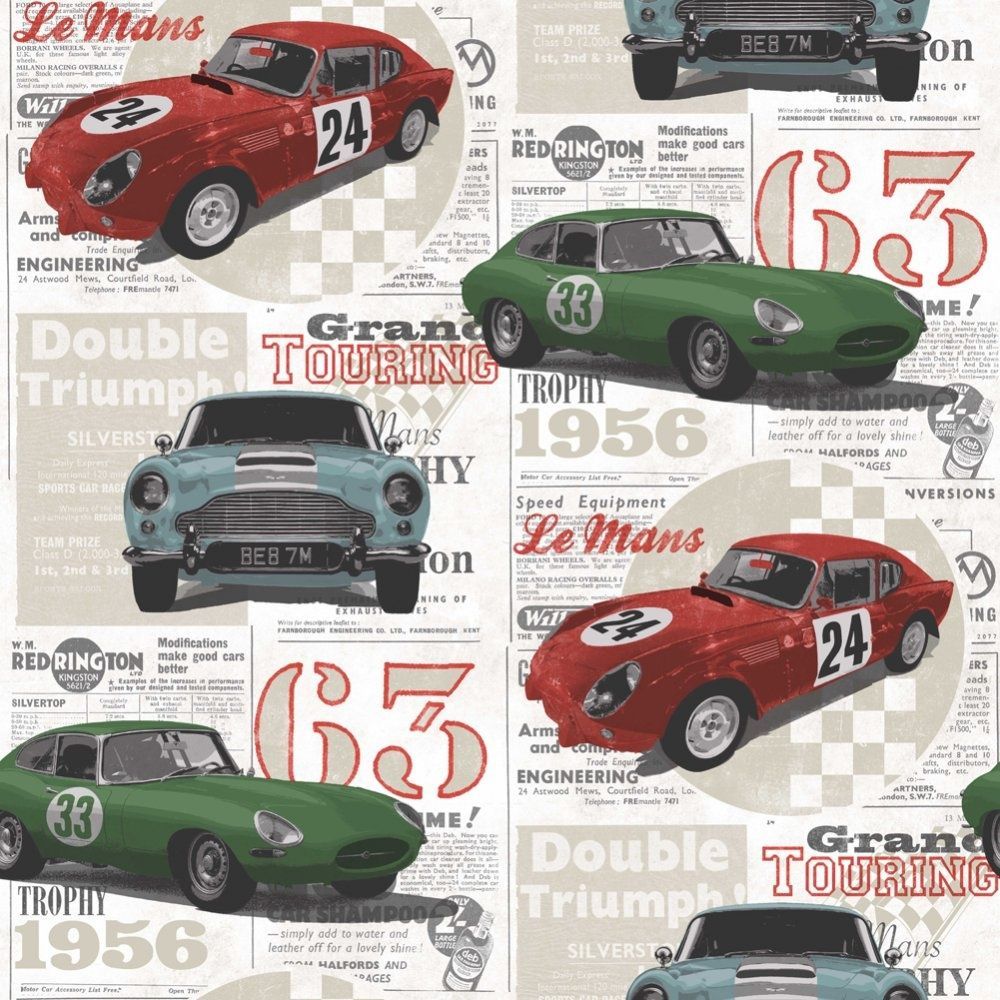 Vintage Race Cars Kids Bedroom Wallpaper Red / Green / Blue