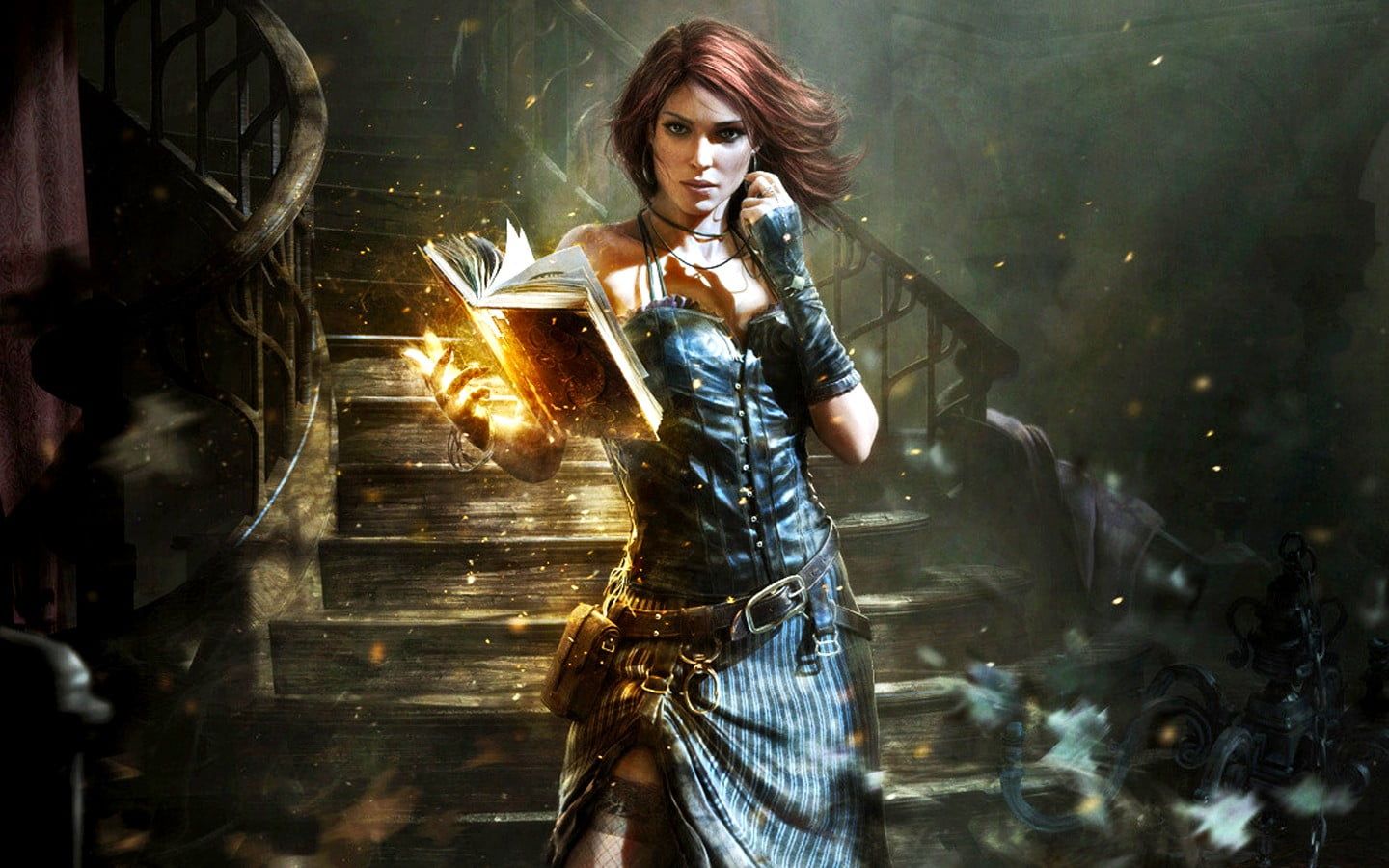 Brown haired female character with books, witch, video games