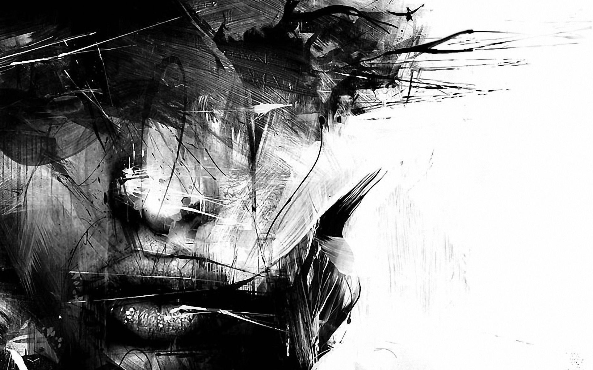 human portrait sketch digital art #CGI #face #artwork #splashes #painting #monochrome white background #women #lips. Portrait sketches, Artwork, Art wallpaper