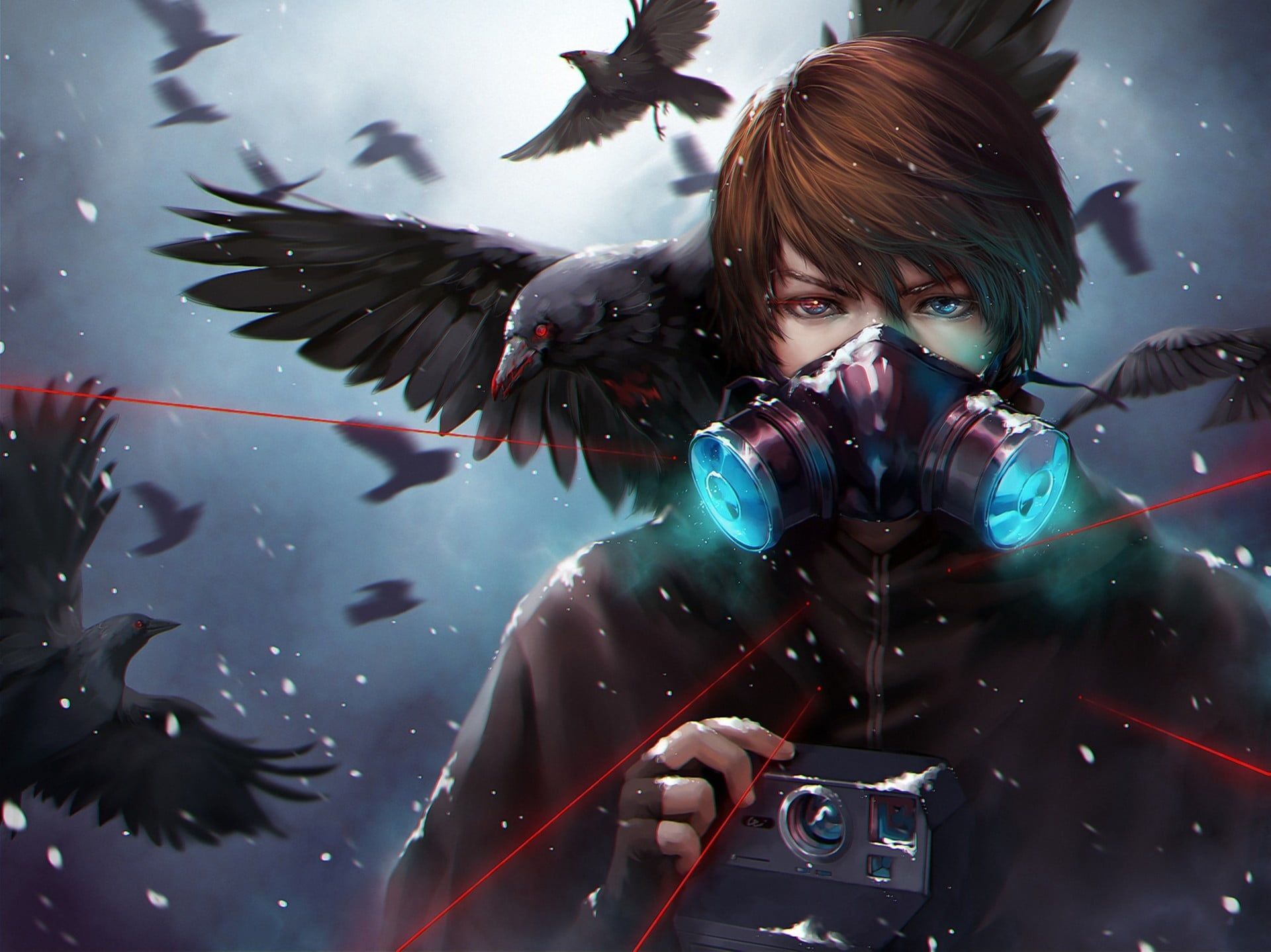 Male Anime character with gray black crow and gas mask HD