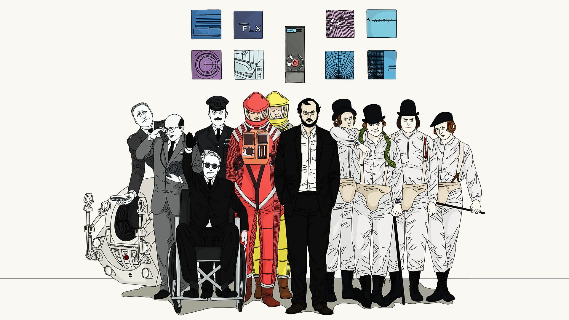 Illustration of peoples, 2001: A Space Odyssey, A Clockwork Orange