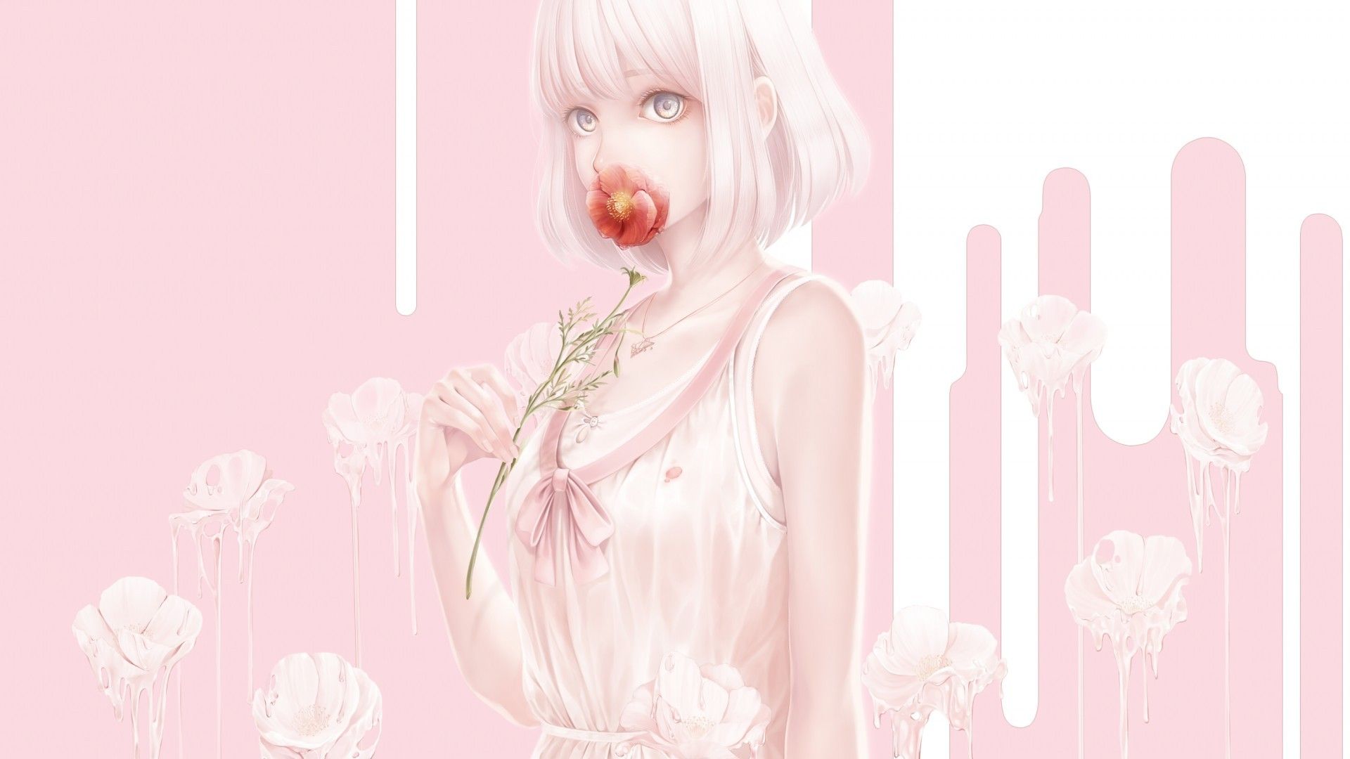 Download 1920x1080 Anime Girl, Pastel Colors, Flower, Short Hair