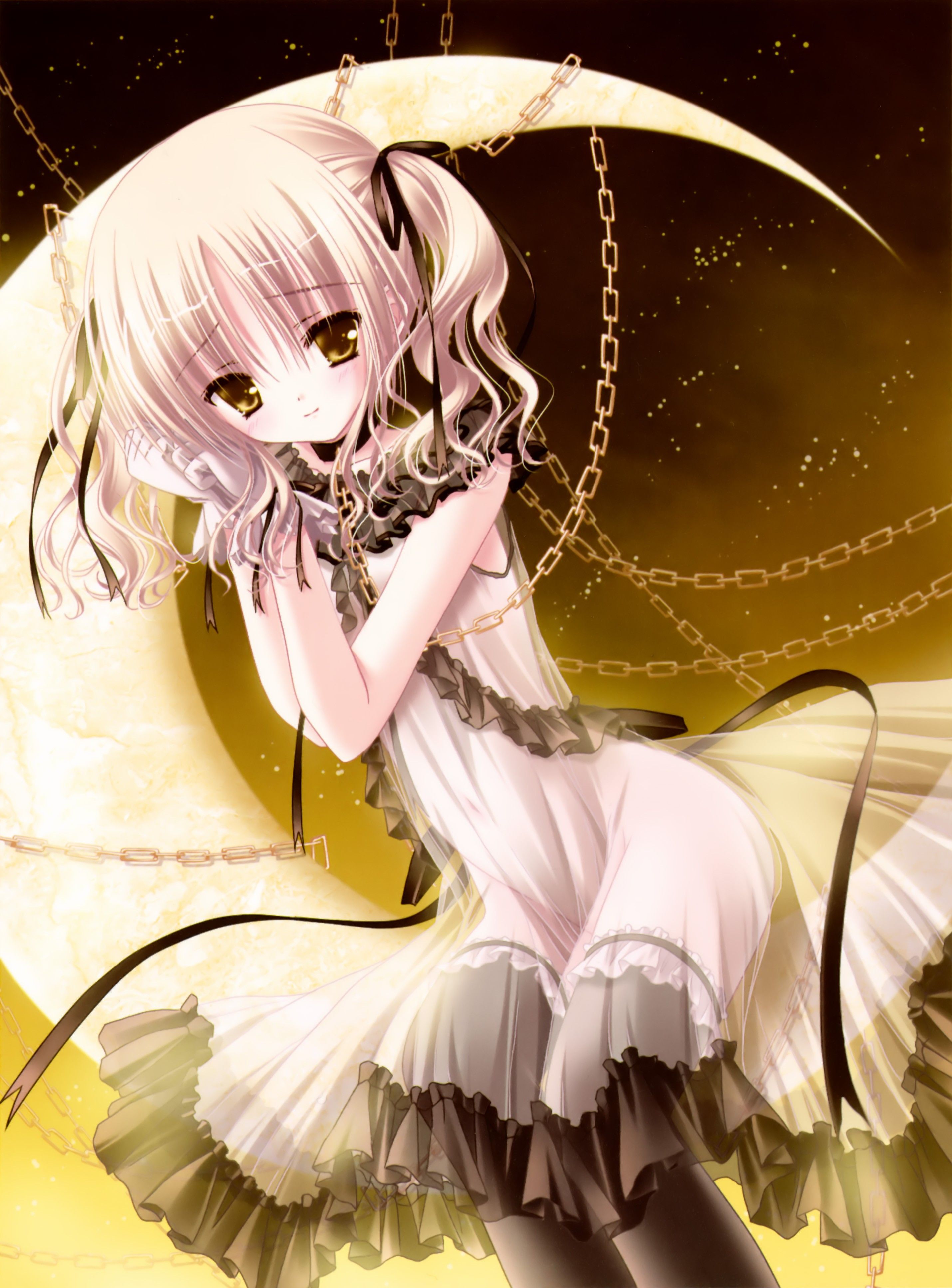 blondes, dress, Moon, ribbons, lolicon, anime, chains, Tinkle
