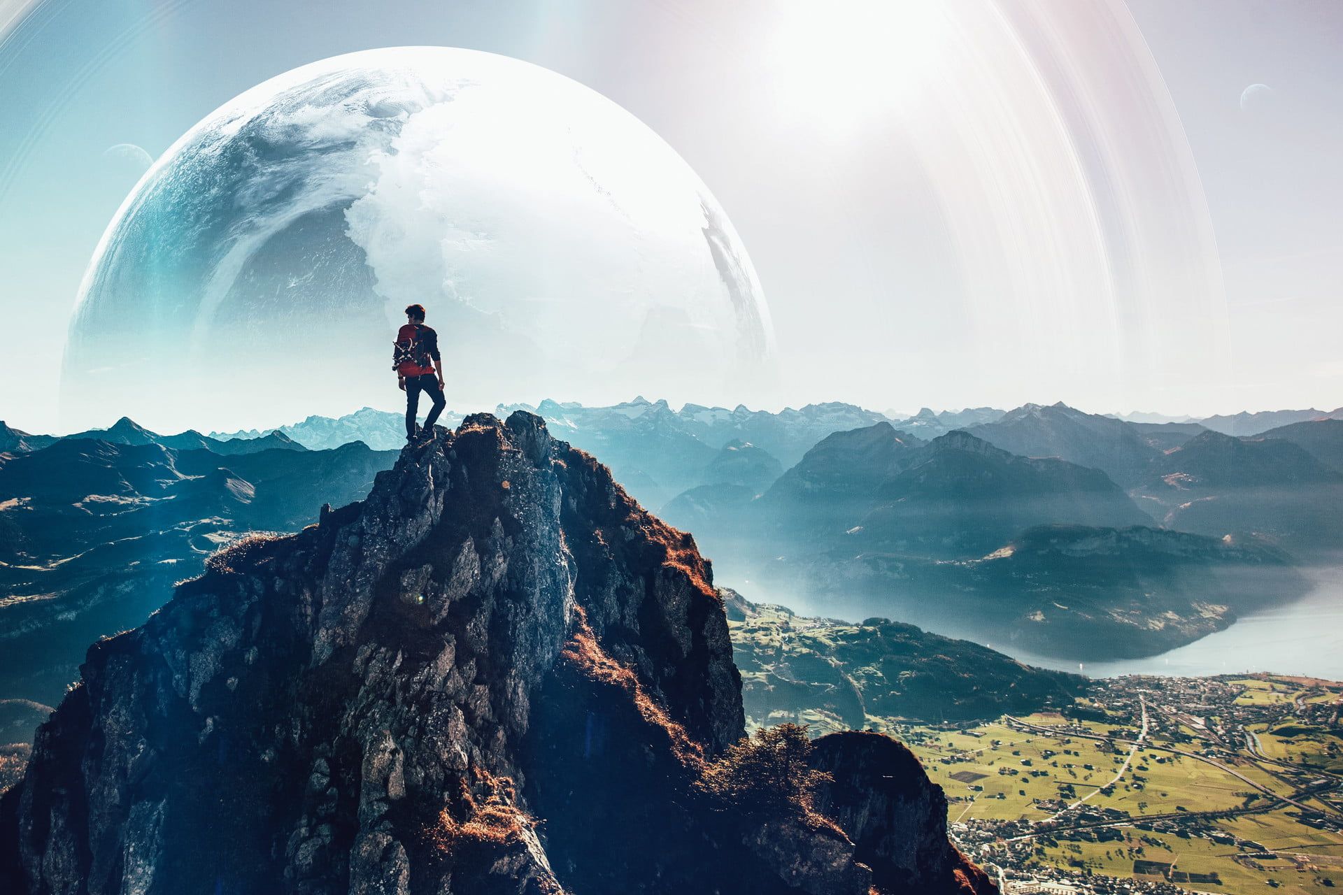Man standing on top of mountain, landscape, planet, men, fantasy