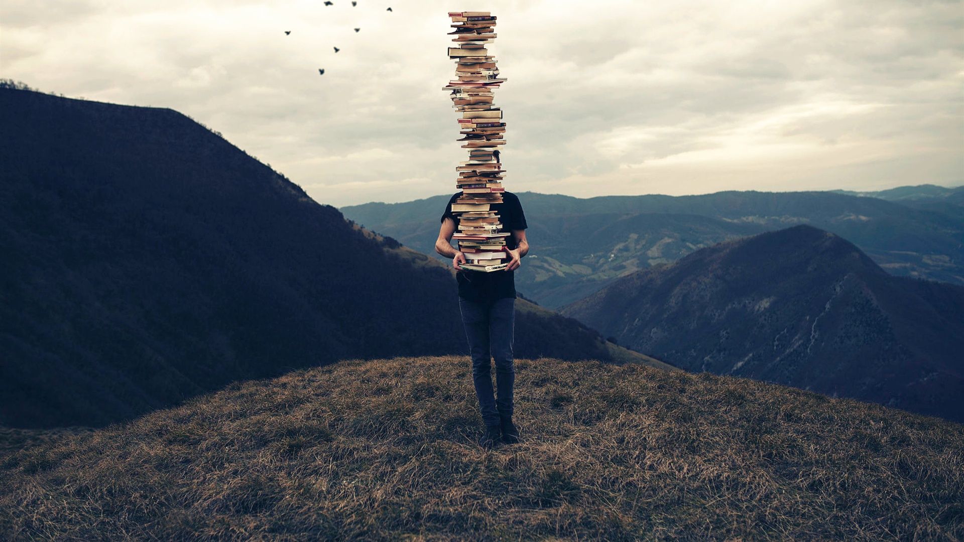 Wallpaper Many books, stacking, man, mountainx1200 HD