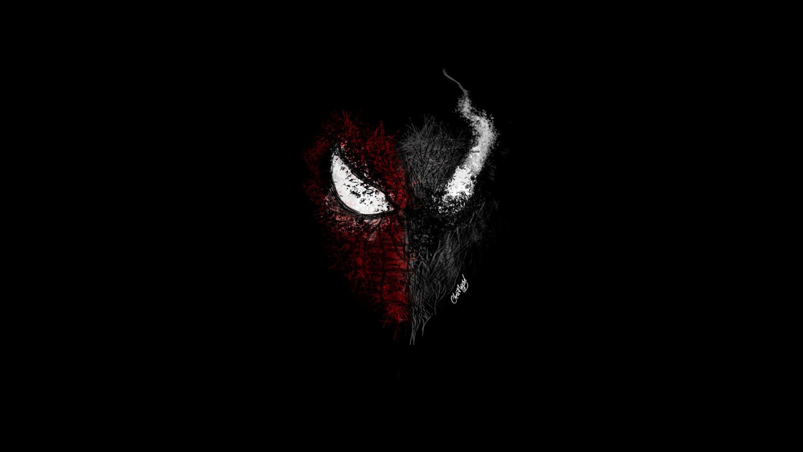 Download 1600x900 Wallpaper Spider Man Venom, Minimal, Face Off