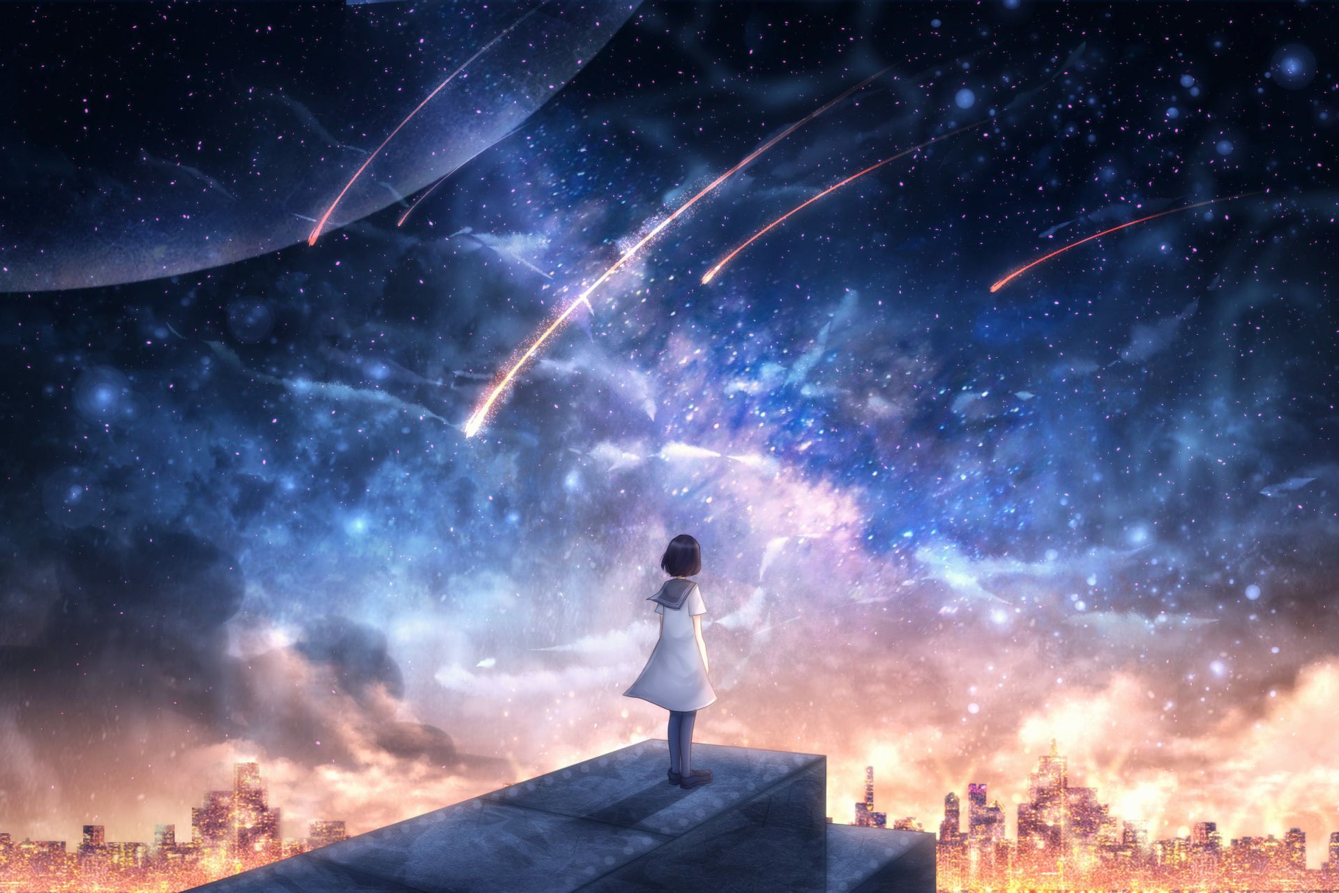 Anime Original Shooting Star Stars City Short Hair Black Hair Wallpaper. Anime artwork wallpaper, Night sky wallpaper, Anime background wallpaper