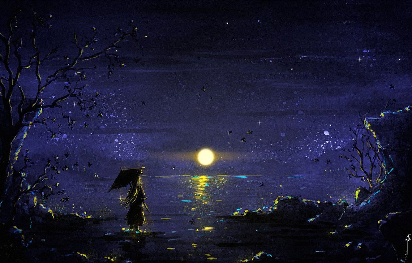 Wallpaper girl, Moon, sky, trees, umbrella, night, art, lake