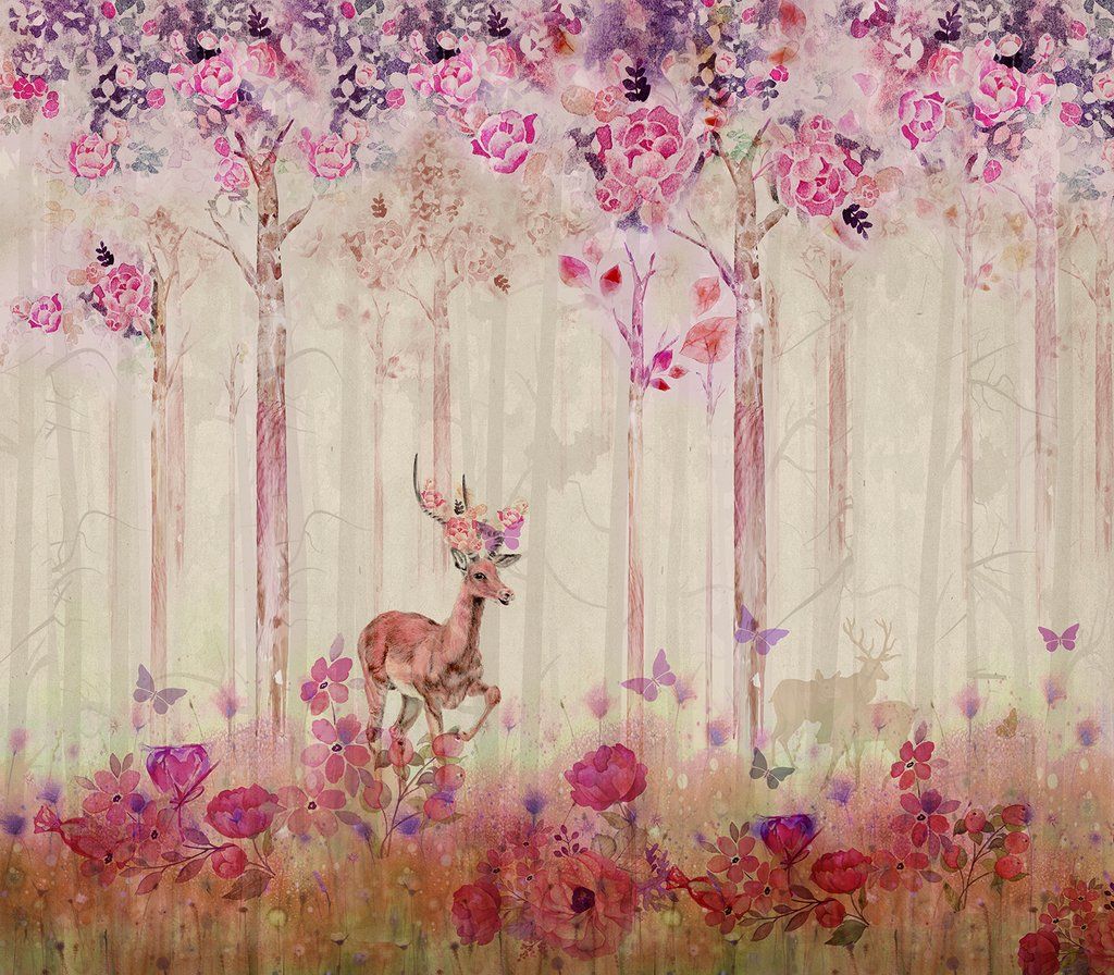 Deer in Floral Forest Mural Wall Art Wallpaper Brokers