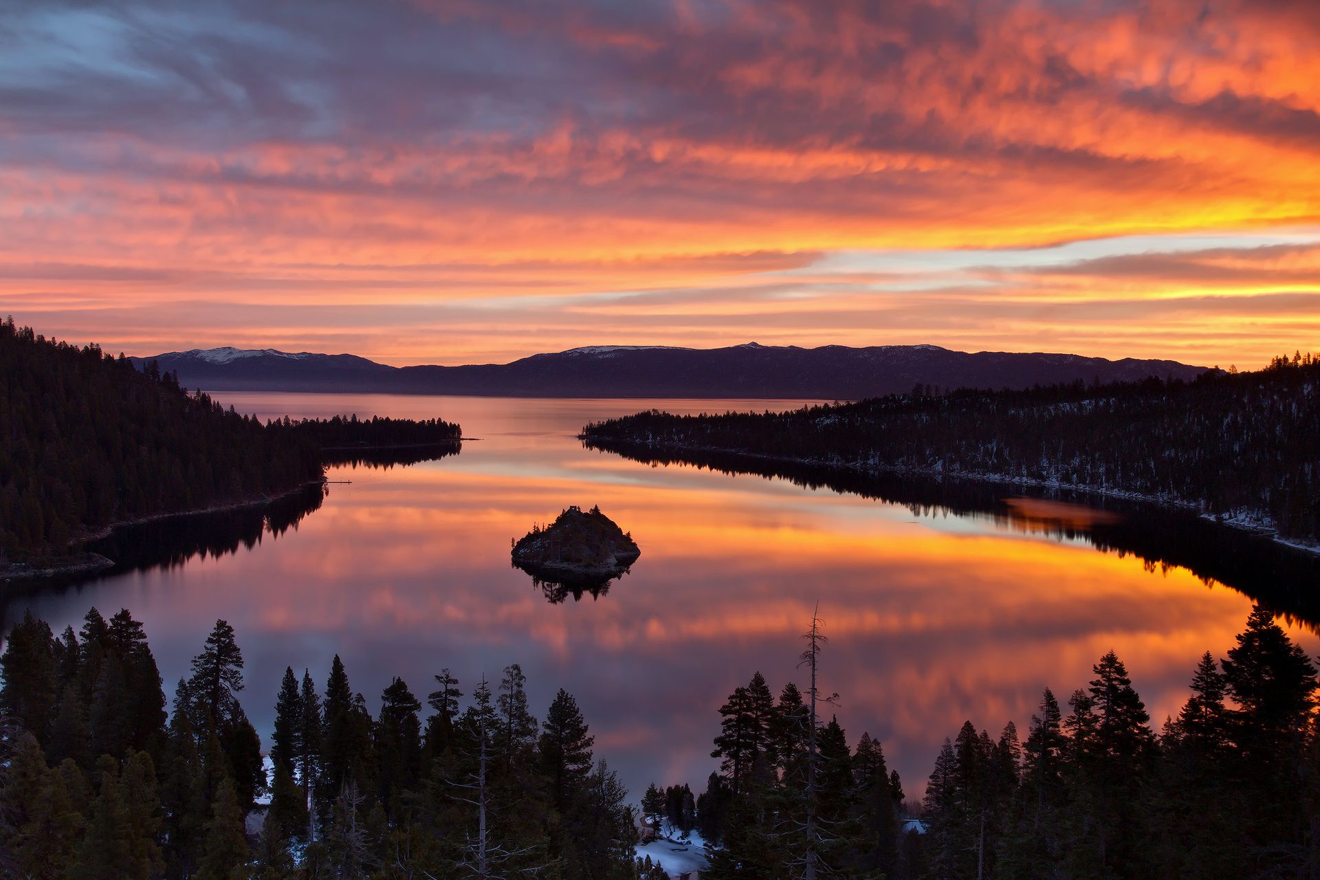 Morning forest spring tahoe lake reflection sunrise sky clouds