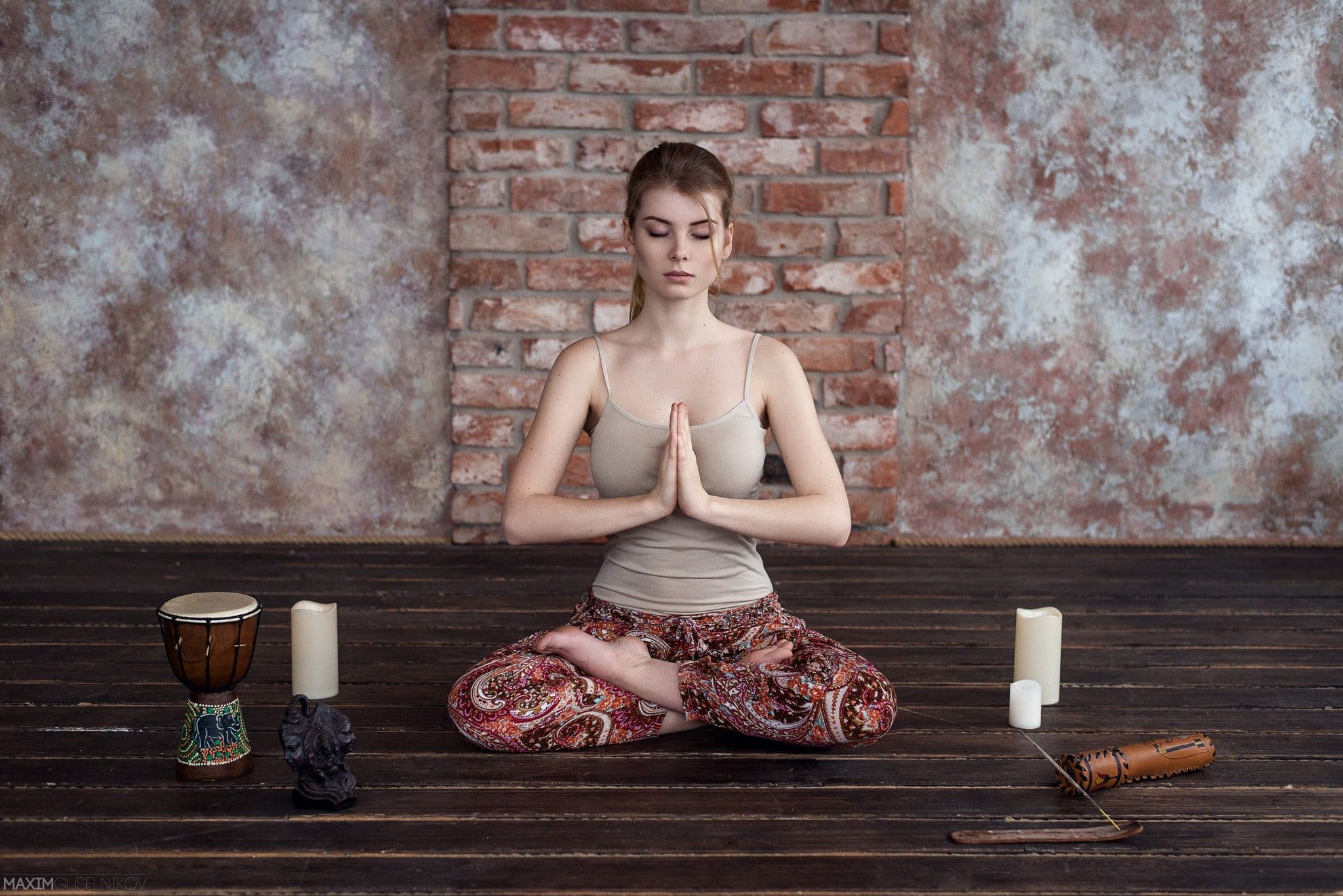 Women, yoga, tank top, closed eyes HD wallpaper