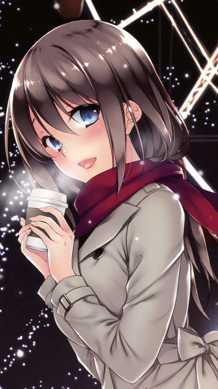 Download 750x1334 wallpaper drink, coffee, anime girl, winter