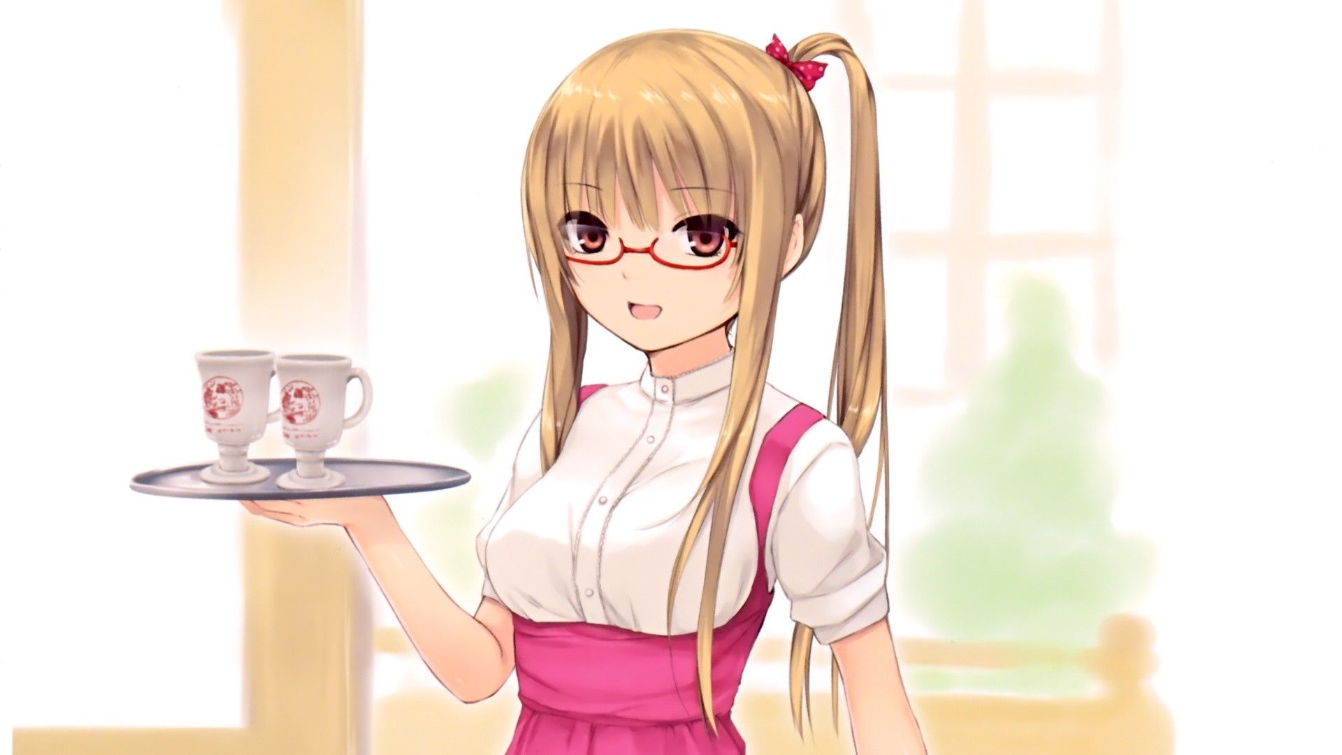 blondes, dress, glasses, long hair, waitress, red eyes, bows, open
