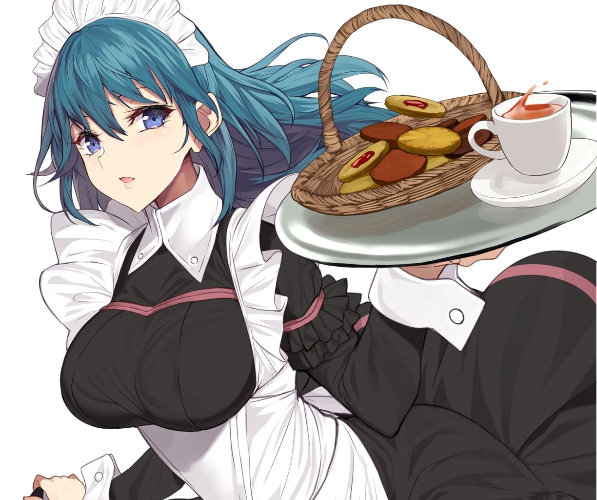 apron blue eyes blue hair byleth (female) cropped drink fire