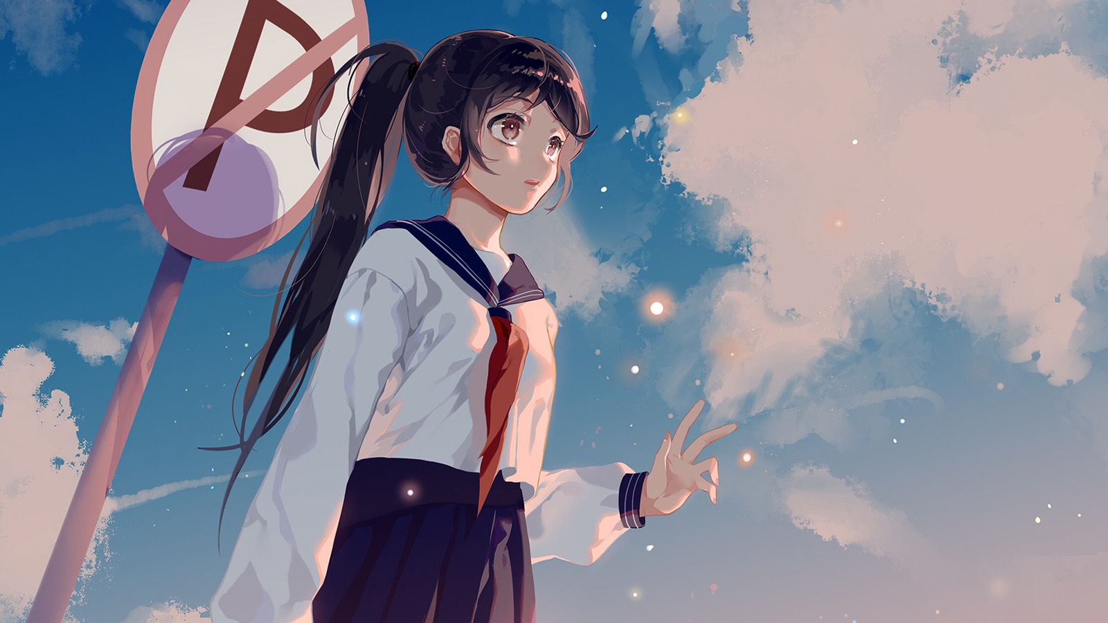 Girl School Girl Anime Sky Cloud Star Art Illustration Wallpaper
