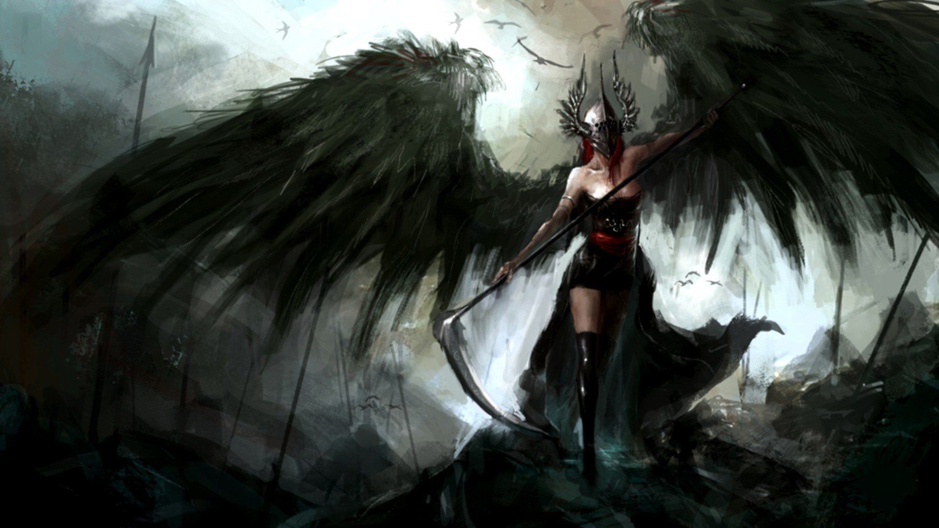 angel, Wings, Scythe, Dark, Spear, Helmet, Reapers HD Wallpaper