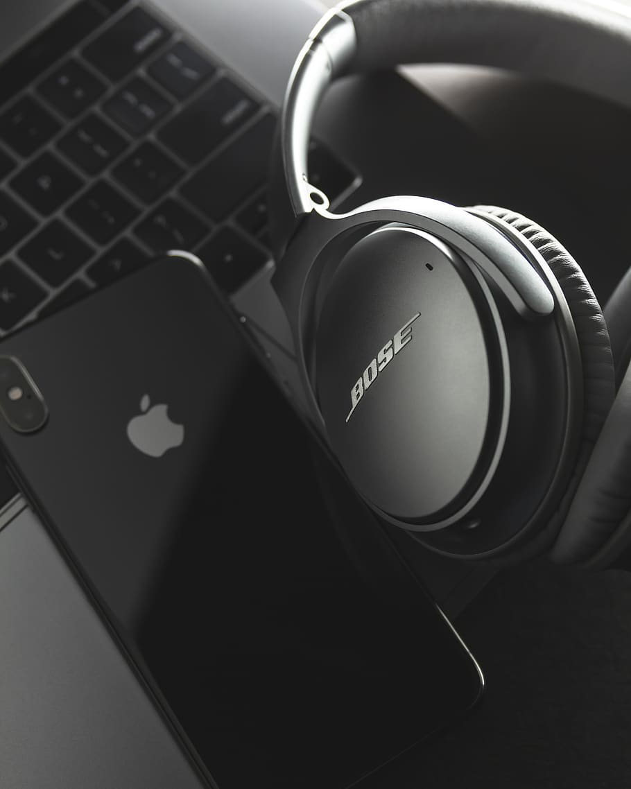 HD wallpaper: gray and black Bose headset and black iPhone X