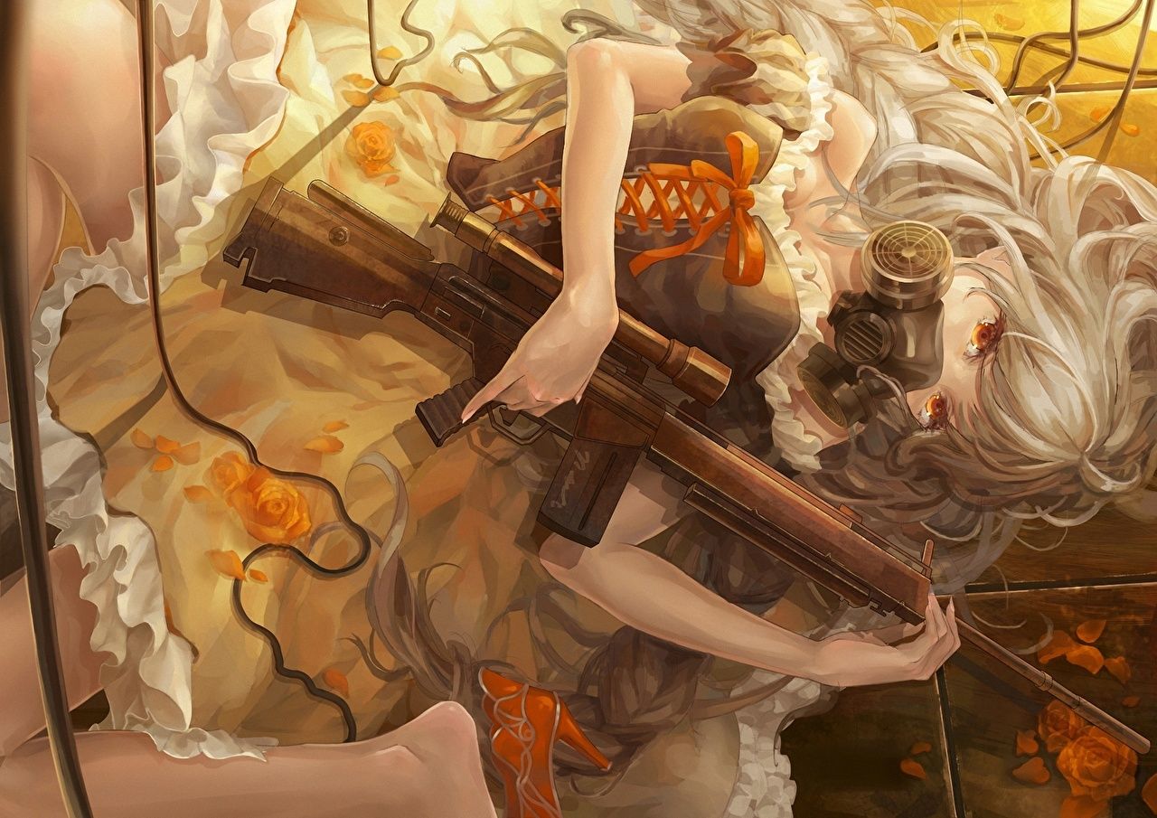 Desktop Wallpaper Gas mask Blonde girl Assault rifle Piyotama Anime
