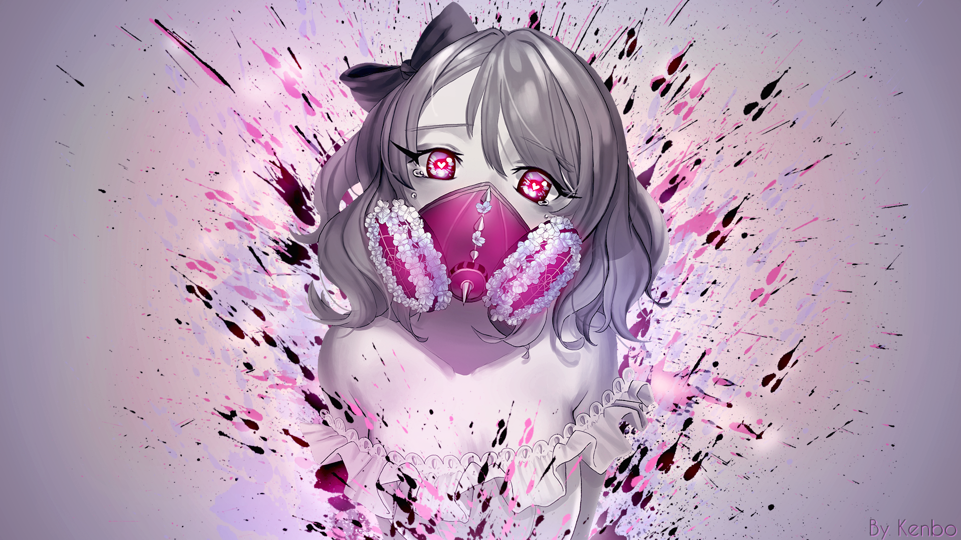 women, pink eyes, anime, anime girls, gas masks, splatter, paint