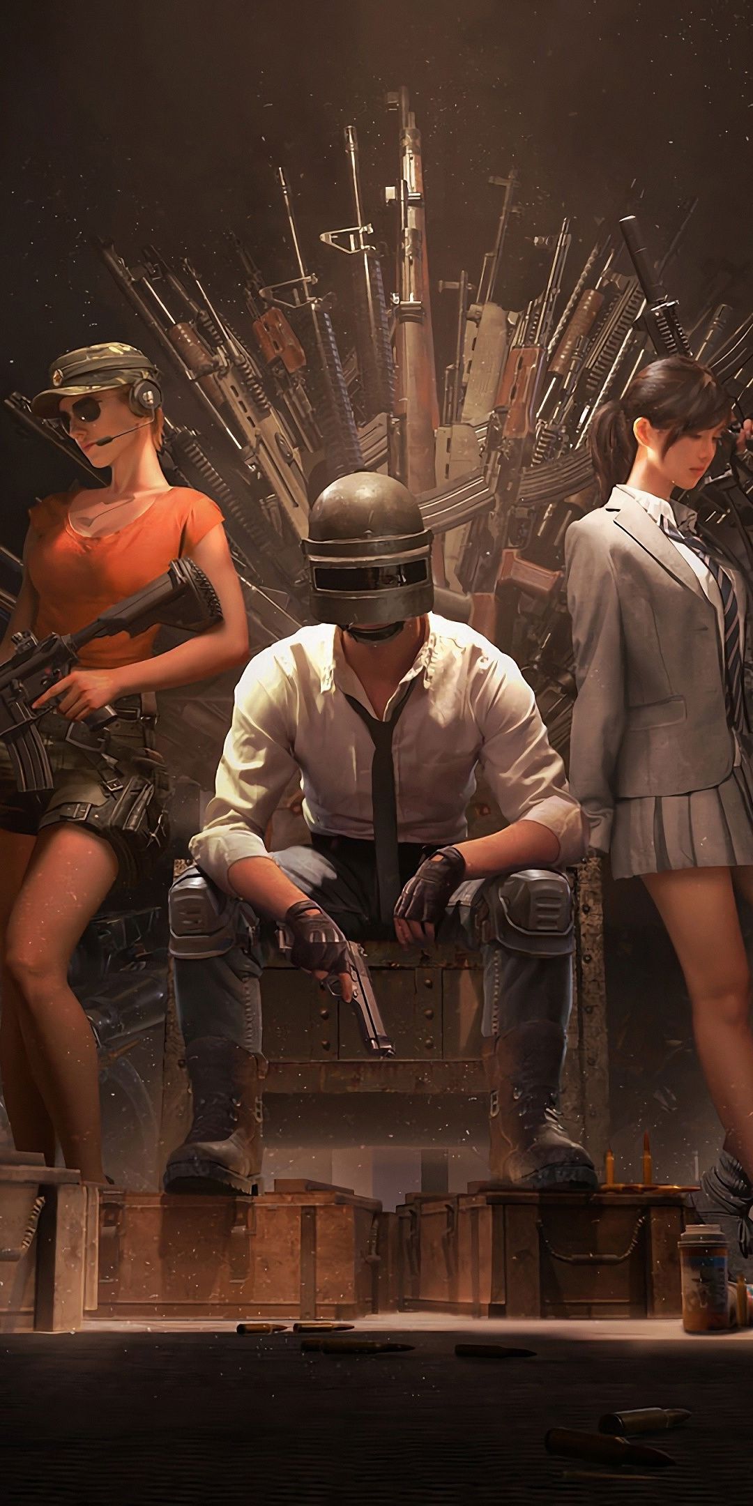 PUBG, Helmet guy with girls, guns throne, video game, 1080x2160