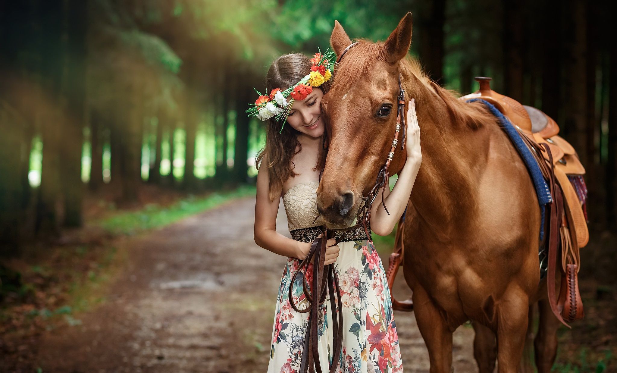 Cute Girl Smiling With Horse Outdoors, HD Girls, 4k Wallpaper