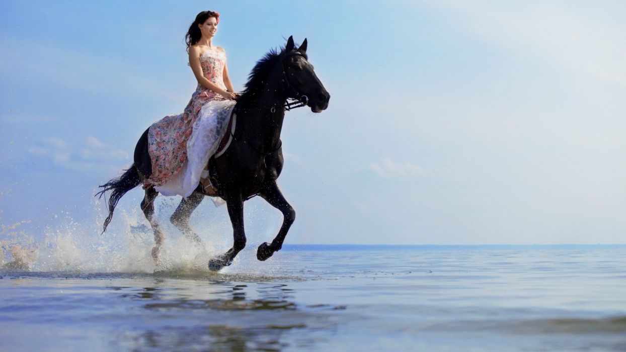 Long hair girl fantasy dress beautiful horse animal sea wallpaper