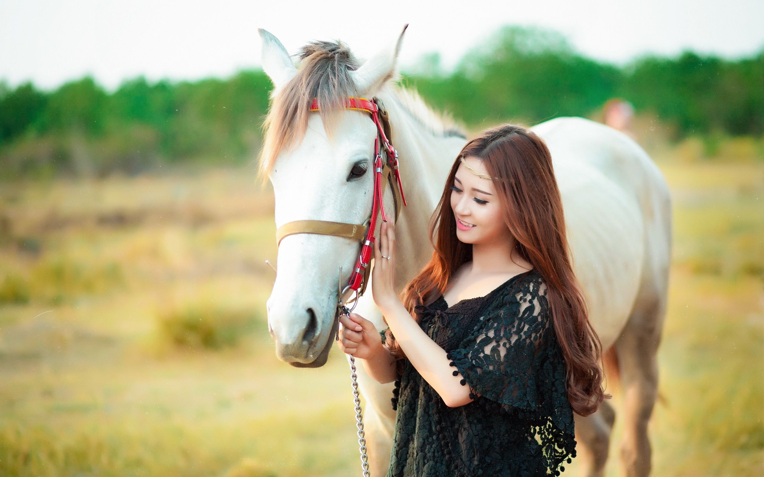 Wallpaper Happy Asian girl and white horse 2560x1600 HD Picture, Image