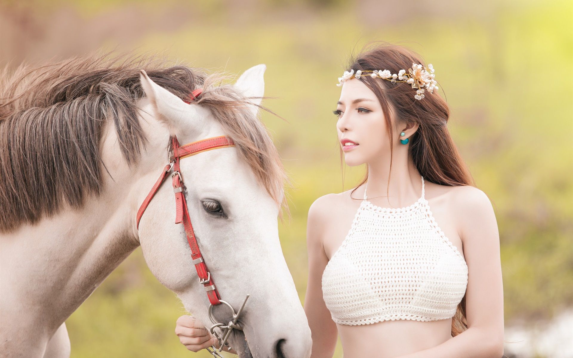 Wallpapers Beautiful Asian girl and white horse 1920x1200 HD.