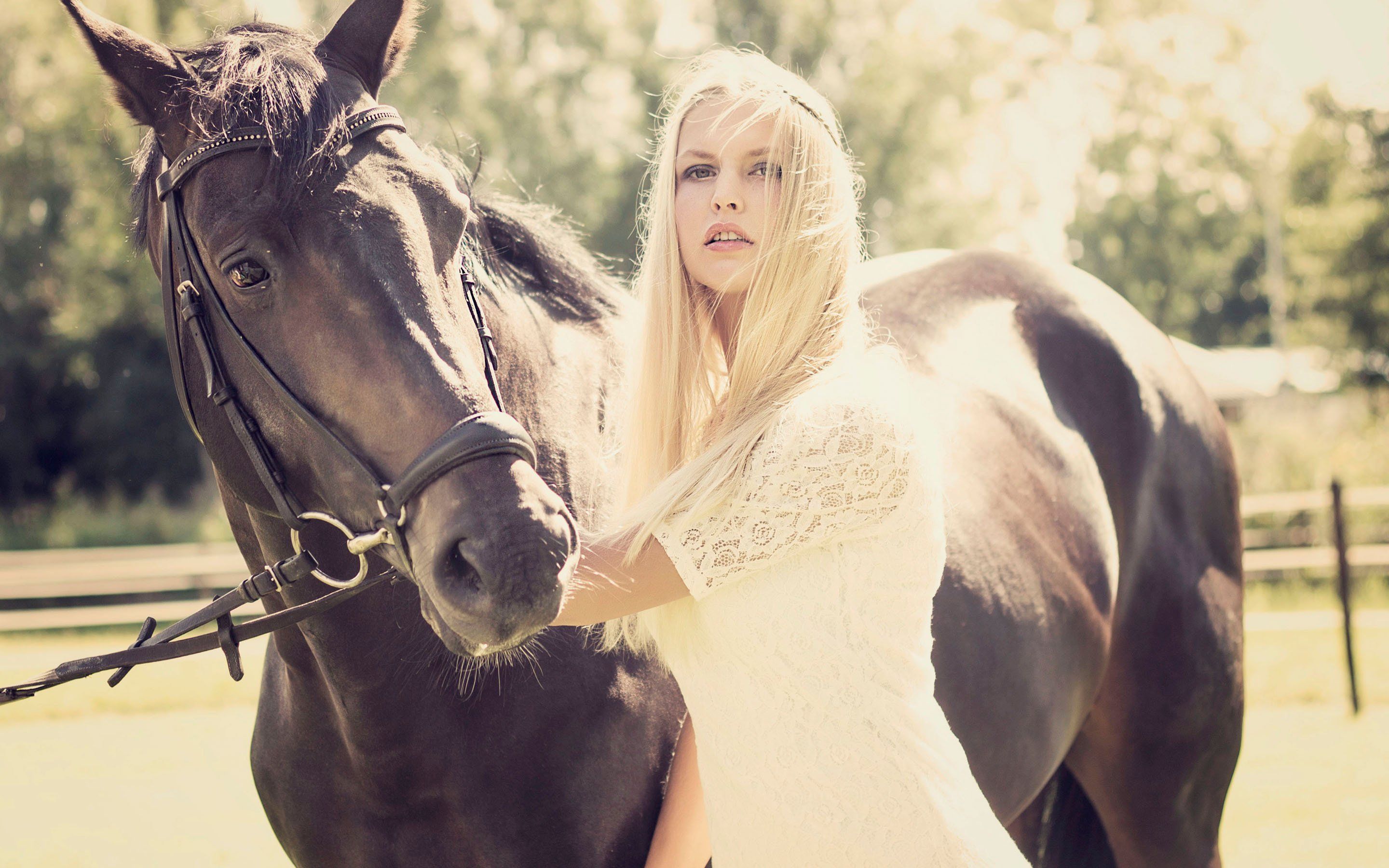 Horse animal girl blonde white dress wallpaperx1800