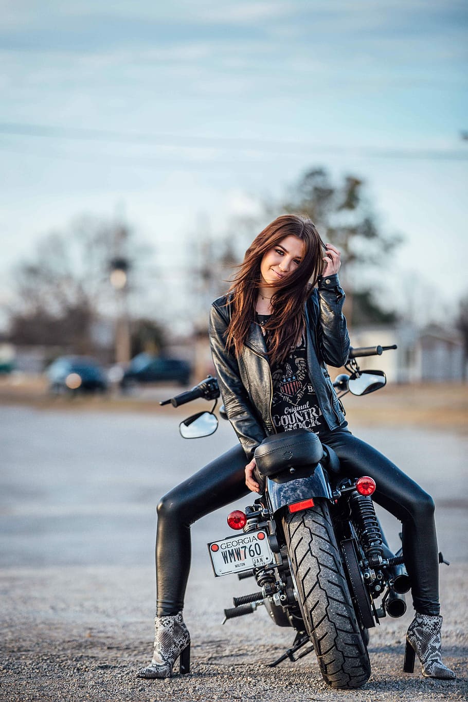 HD wallpaper: woman sitting on black motorcycle, bike, backwards