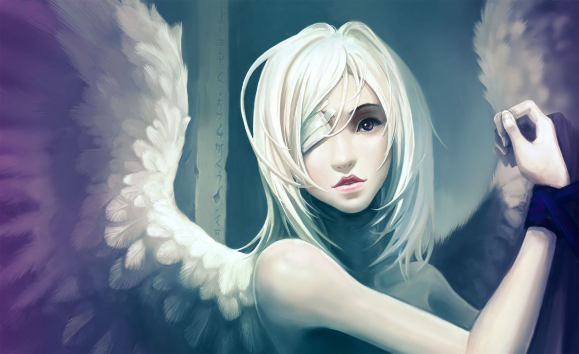 Fantasy anime angel wings feathers bondage mood emotion sad sorrow pain face eyes gothic blondes women females girls art wallpaperx1174