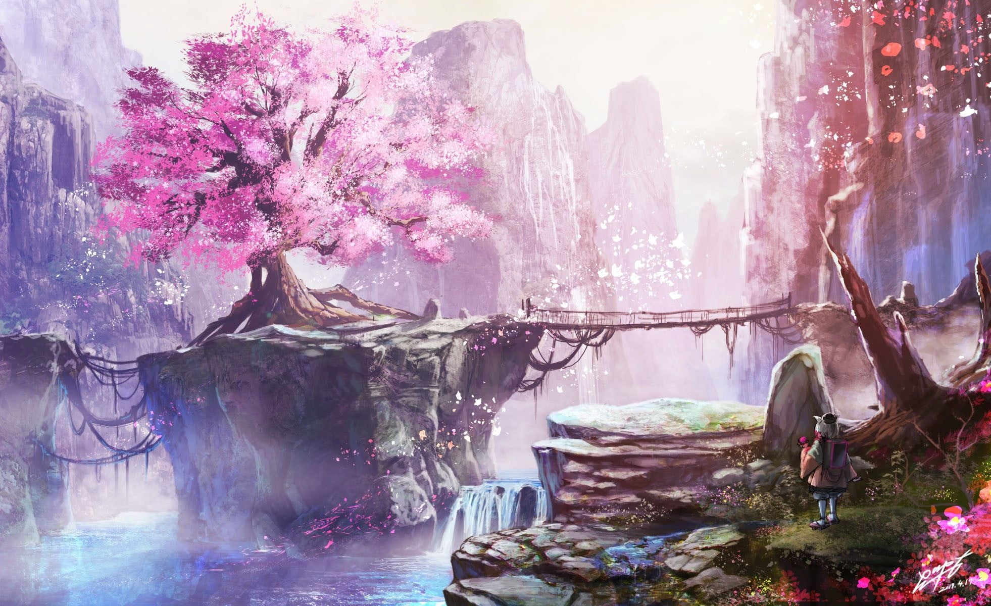 pink leafed tree painting #anime anime girls cherry blossom