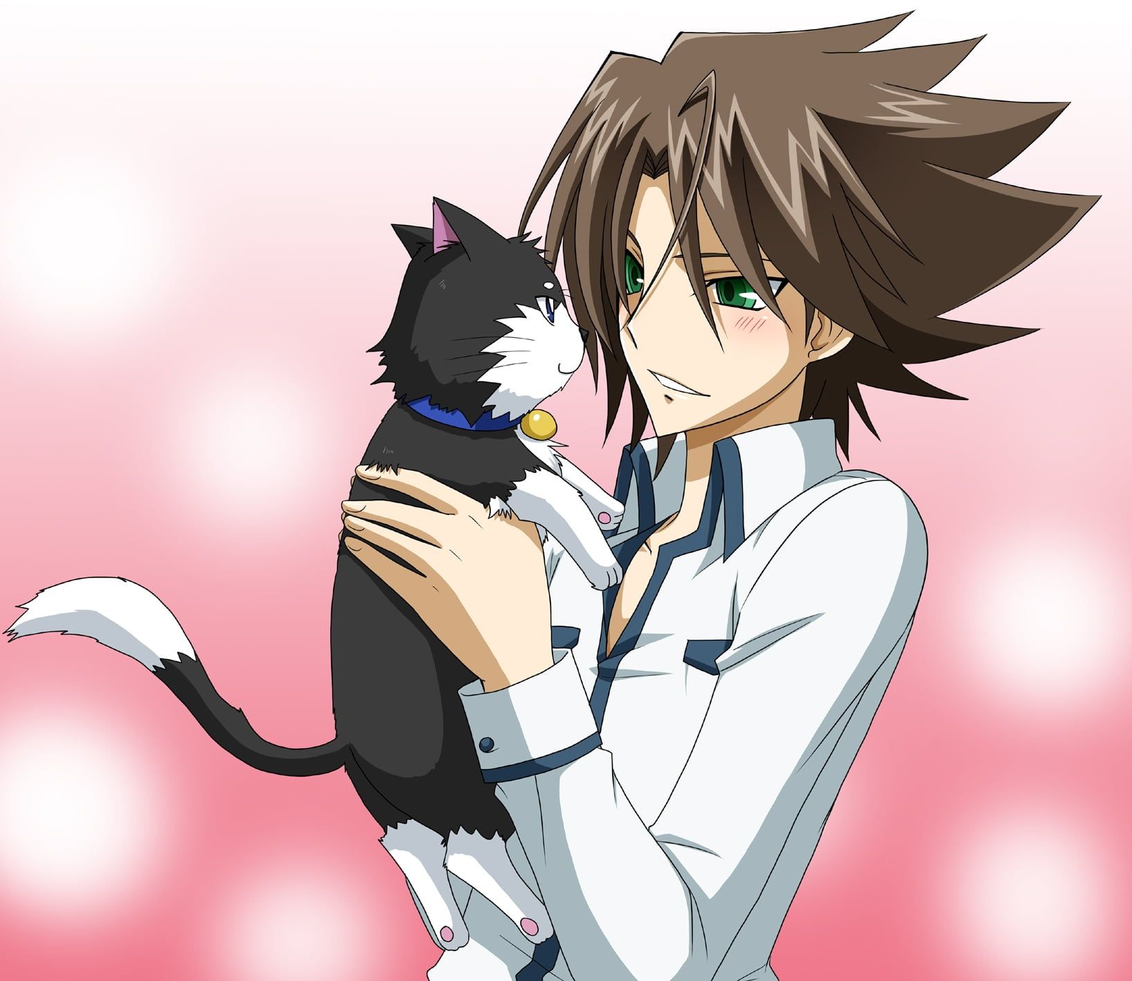 Brown hair boy holding black and white cat anime character HD