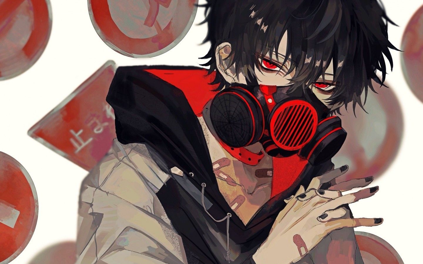 Download 1440x900 Anime Boy, Gas Mask, Red Eyes, Black Hair