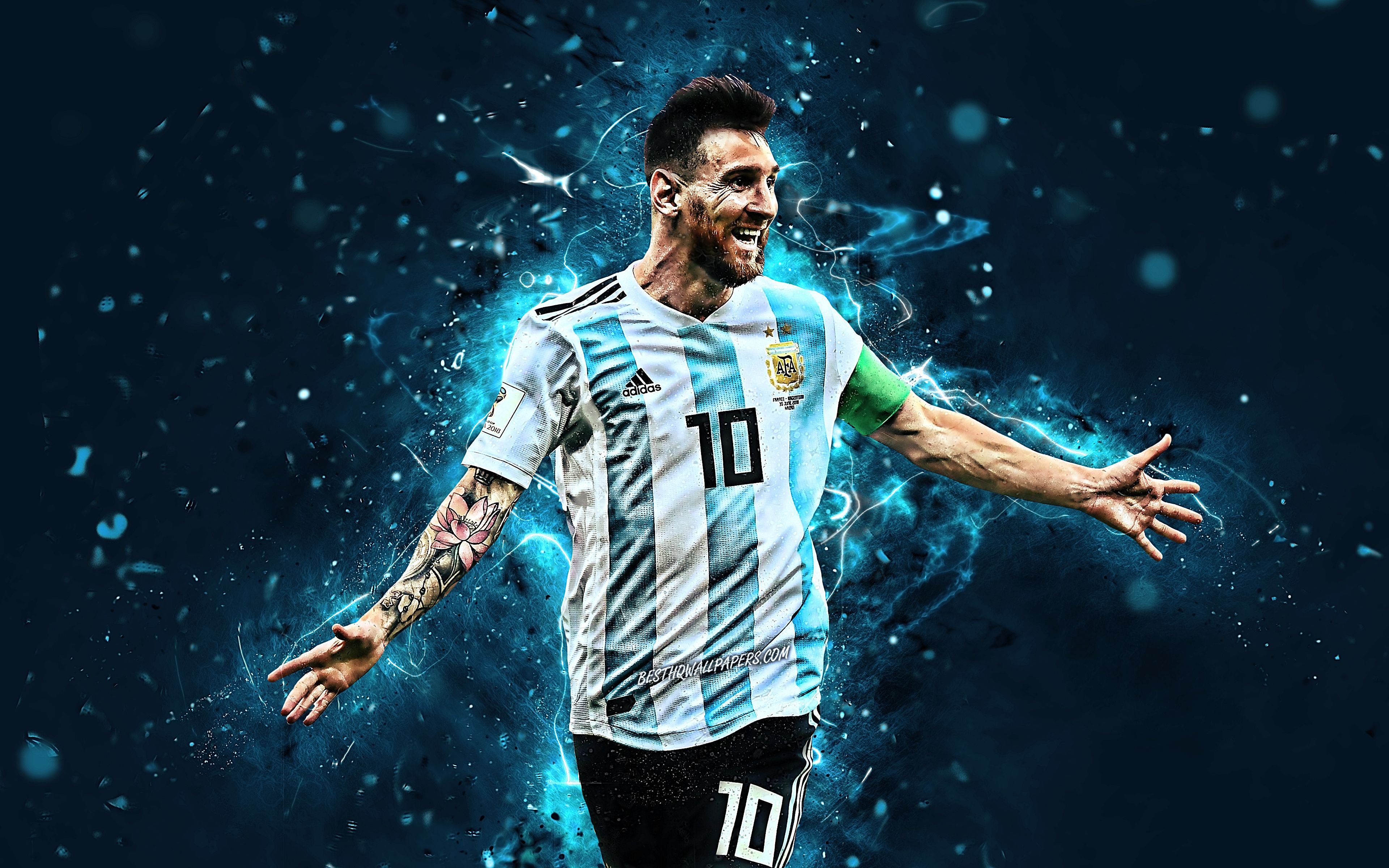 Download wallpaper 4k, Lionel Messi, joy, Argentina national football team, goal, football stars, Leo Messi, soccer, Messi, abstract art, Argentine National Team, footballers, Messi 4k for desktop with resolution 3840x2400. High Quality