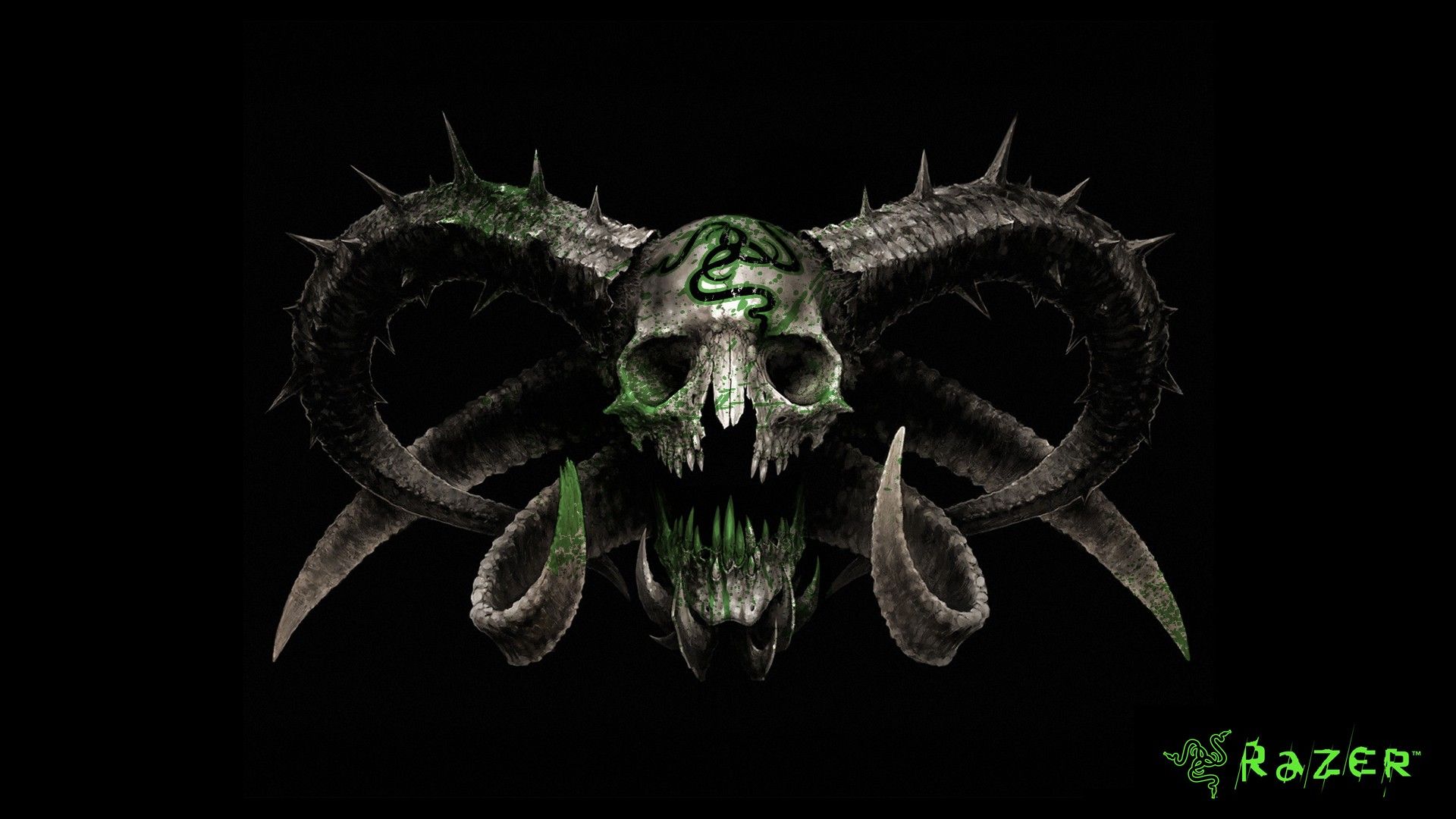 green, skulls, horns, Razer wallpaper