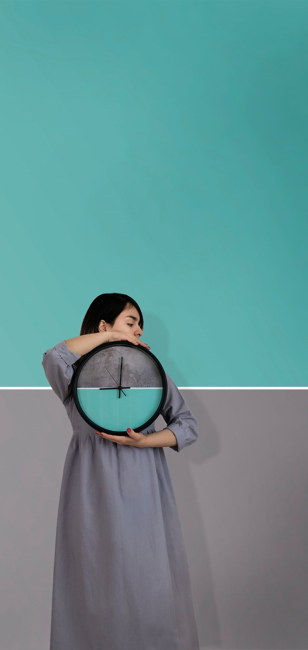 Download 1080x2280 Woman, Clock, Dual Color, Wall Wallpaper