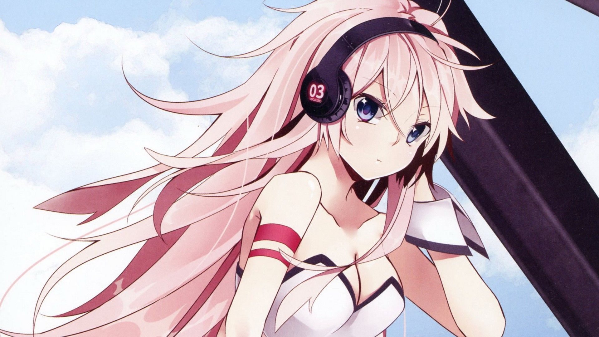 headphones, Clouds, Vocaloid, Blue, Eyes, Cleavage, Megurine, Luka