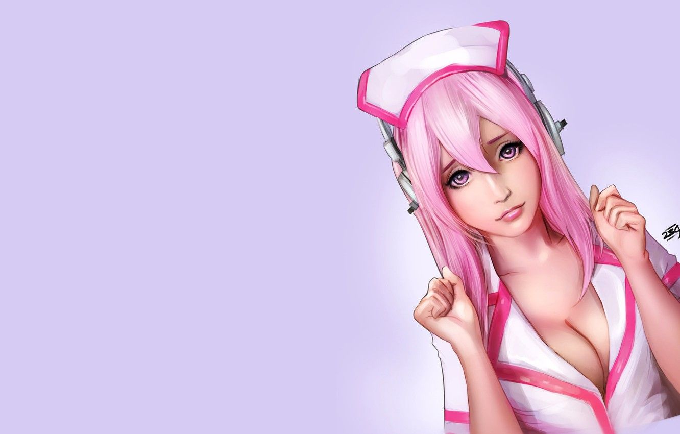 Wallpaper girl, cleavage, pink hair, minimalism, breast, anime, headphones, purple eyes, chest, uniform, Nurse, simple background, anime girl, pink background image for desktop, section минимализм