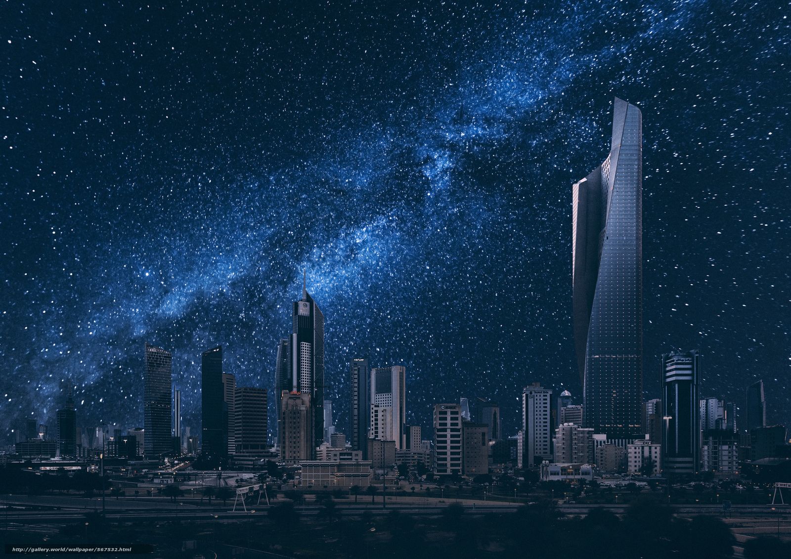Download wallpaper city nightlife, building, starry sky, Kuwait