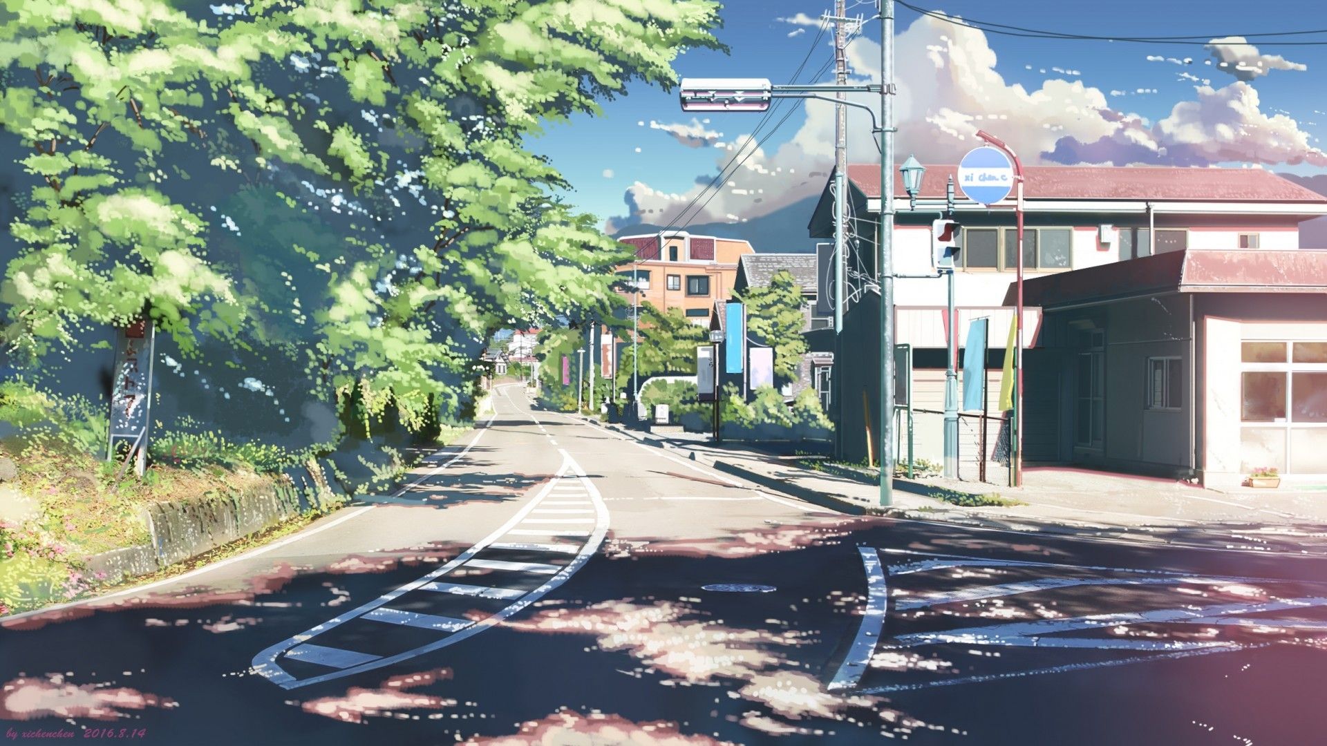 Download 1920x1080 Anime Landscape, Road, Buildings, Trees, Sunshine, Clouds, Scenic Wallpaper for Widescreen