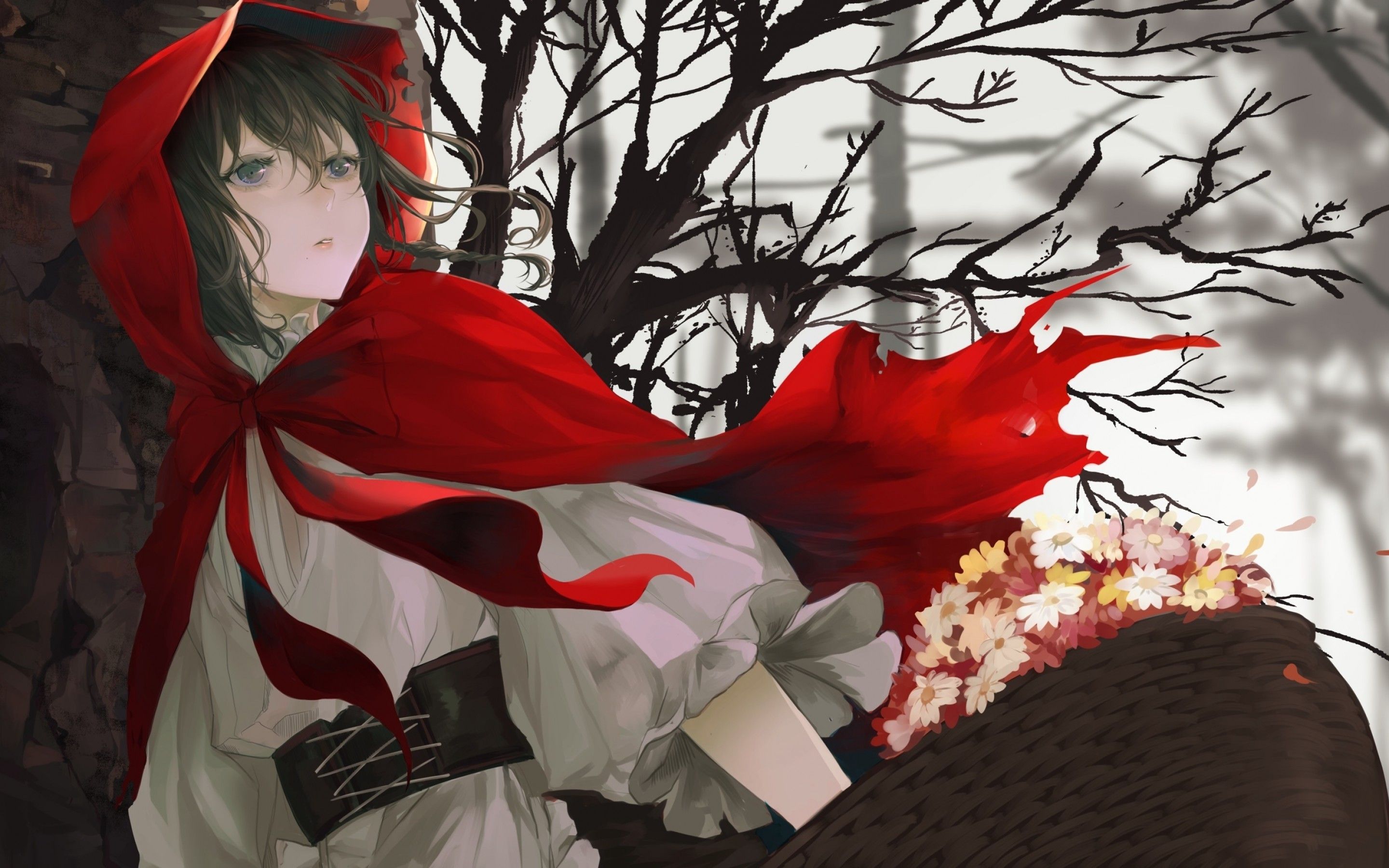 Download 2880x1800 Little Red Riding Hood, Anime Girl, Flowers