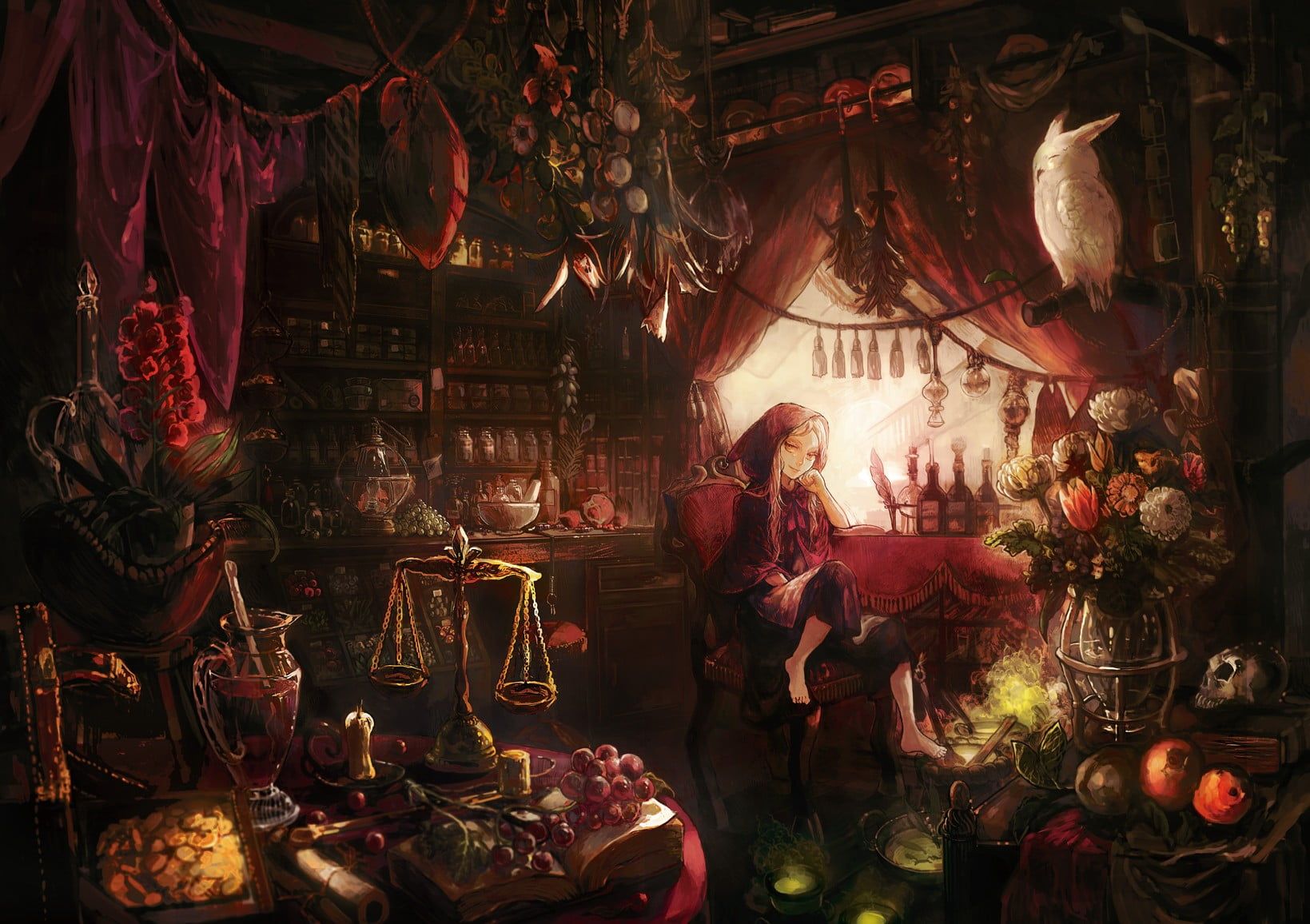 Red mage anime art, fruit, owl, original characters, Little Red